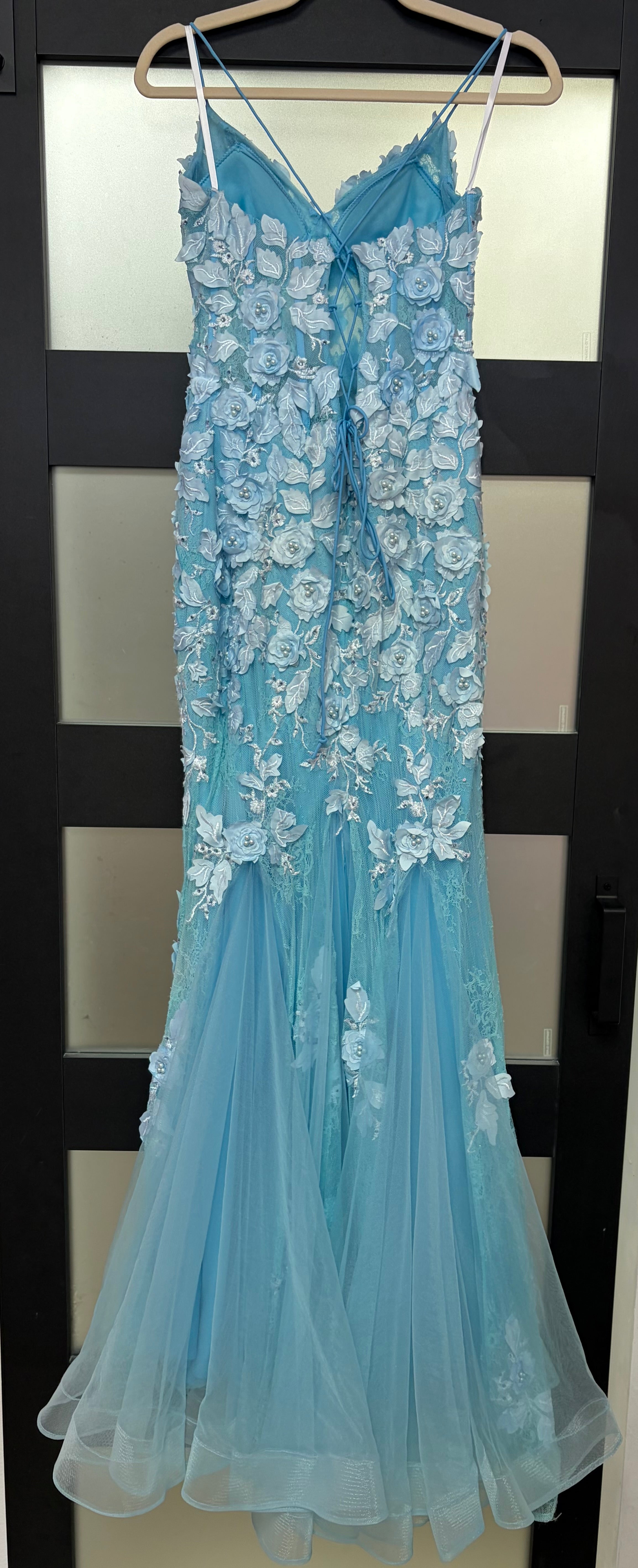 Rachel Allan 7145 Sky Blue 3D Floral Mermaid Gown with Lace-Up Back