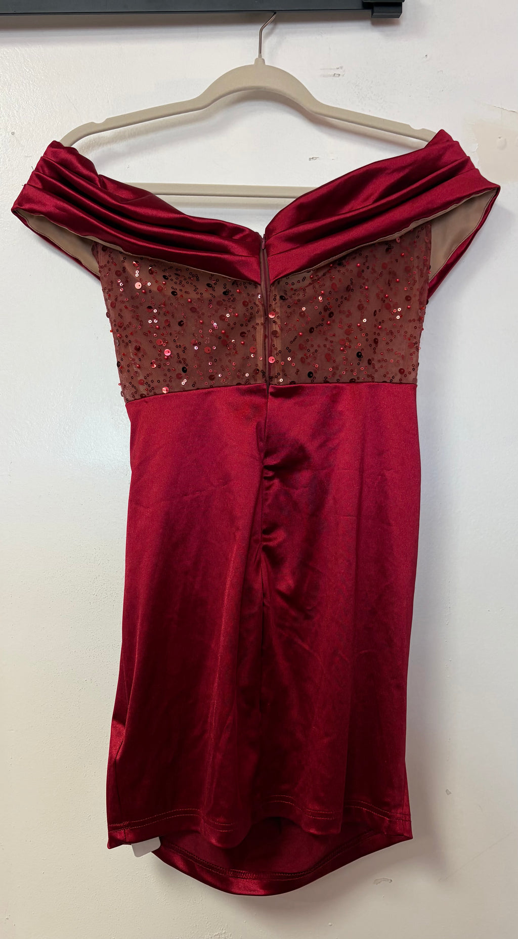 Burgundy Satin Off-the-Shoulder Corset Mini Dress with Sequin Illusion Bodice