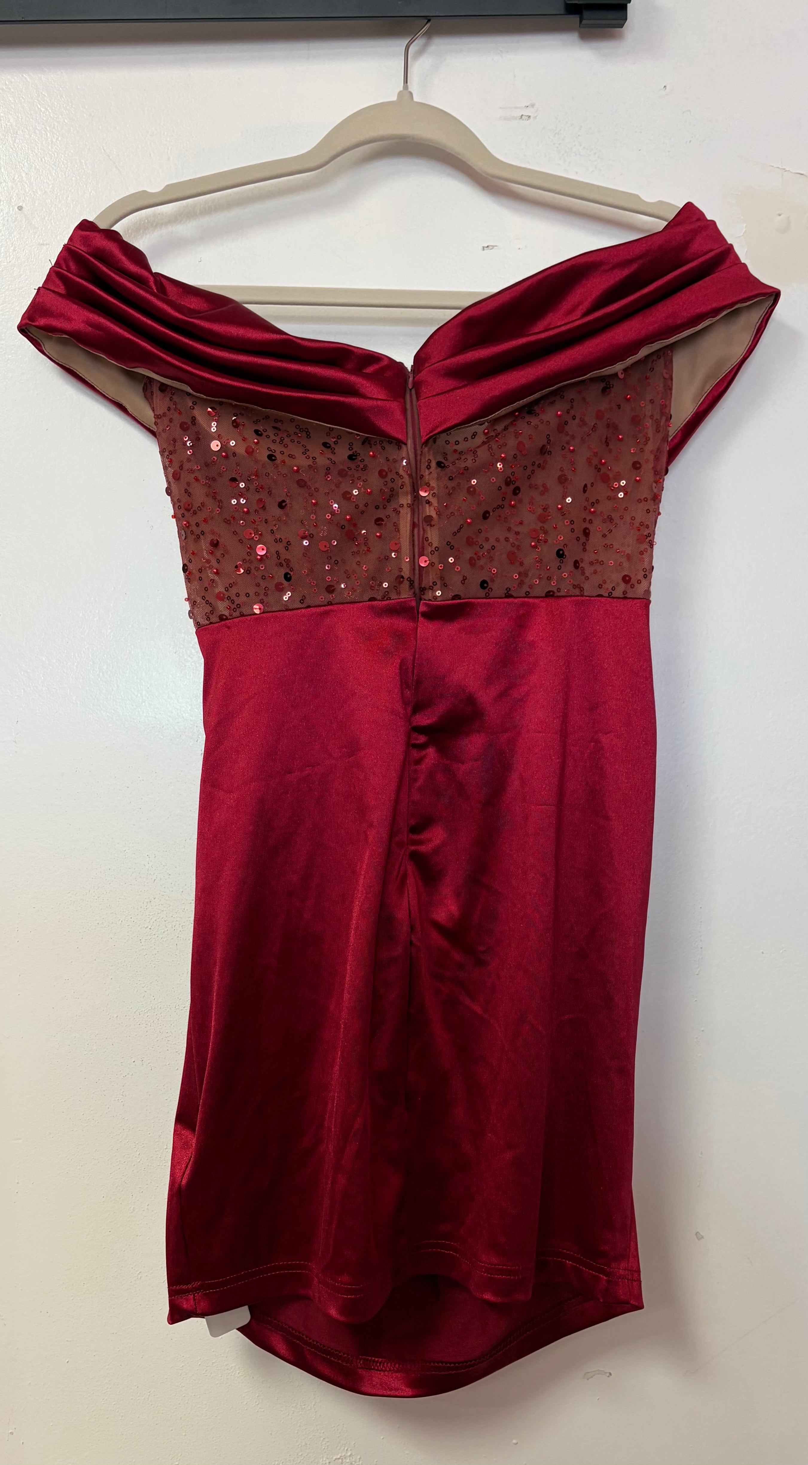 Burgundy Satin Off-the-Shoulder Corset Mini Dress with Sequin Illusion Bodice