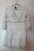 White Eyelet Lace Tiered Mini Dress with Surplice Neckline