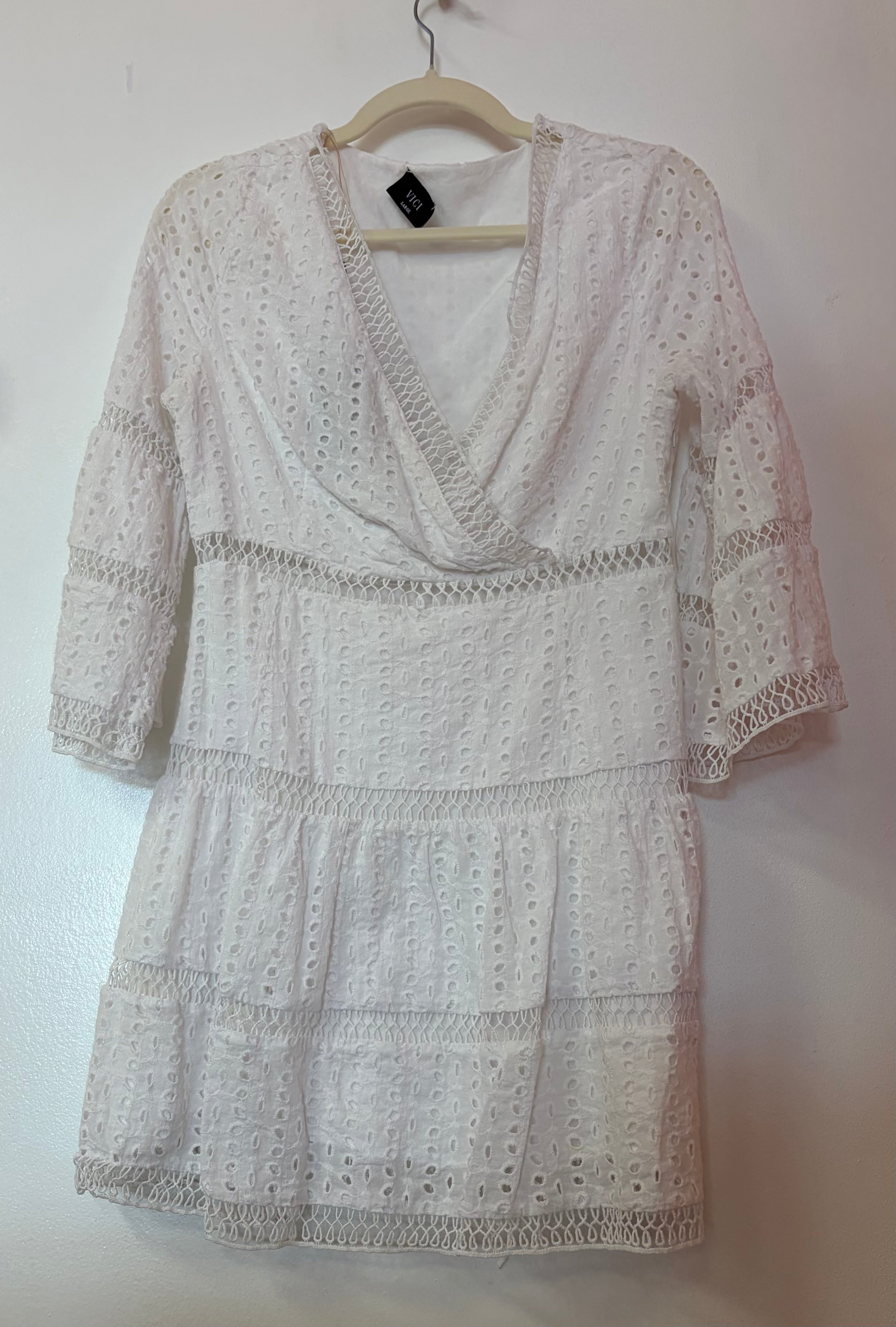 White Eyelet Lace Tiered Mini Dress with Surplice Neckline
