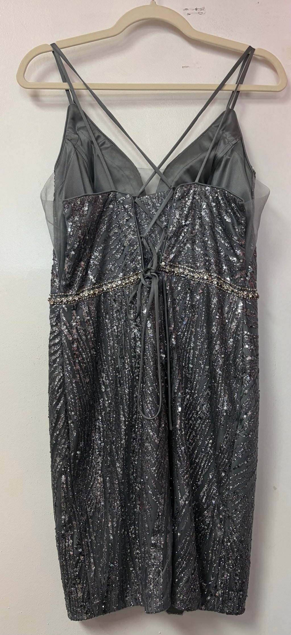 Dancing Queen 3225 Gunmetal Sequin Lace-Up Cocktail Dress