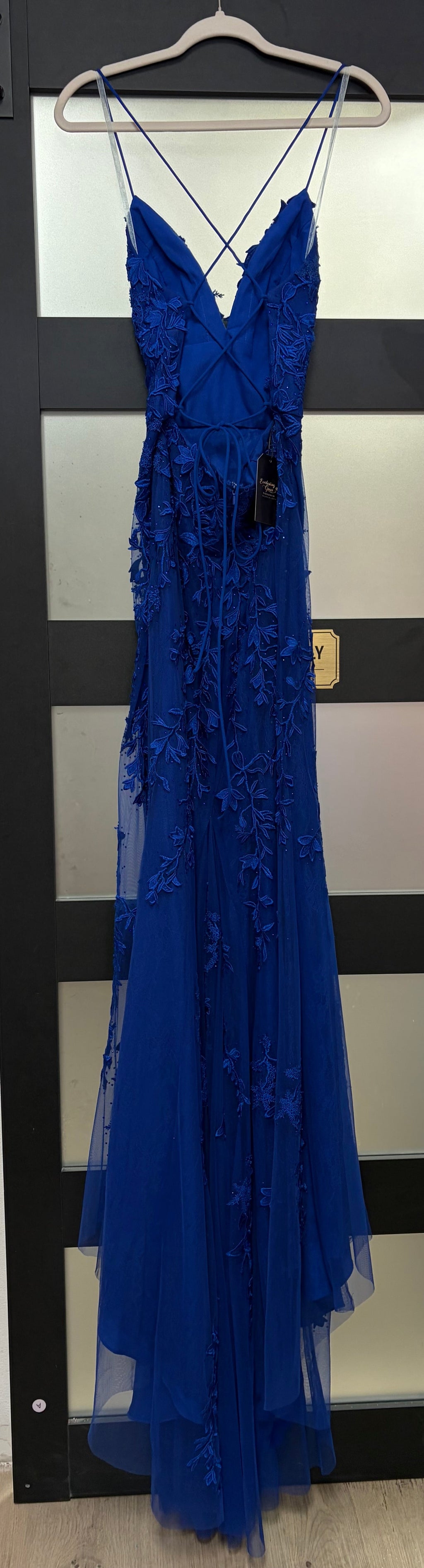 Sherri Hill 55476 Royal Blue Floral Appliqué Prom Dress with Lace-Up Back