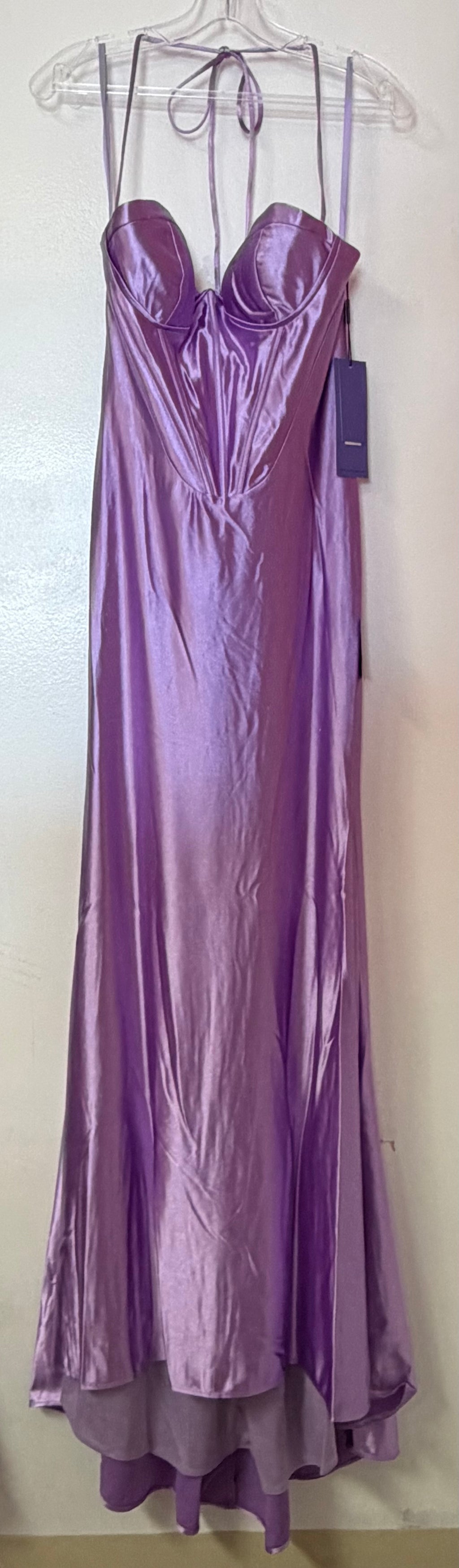 LaDivine CH112 Metallic Lilac Satin Corset Gown with Illusion Halter Detail