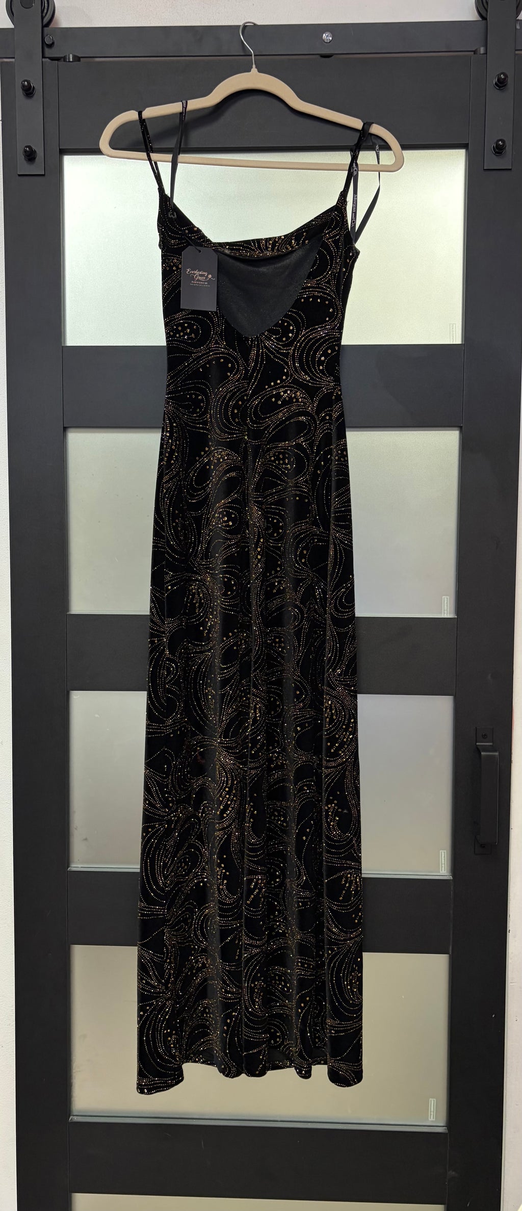 Morgan & Co. Black Velvet Rhinestone Swirl Evening Gown with Cowl Neck Detail