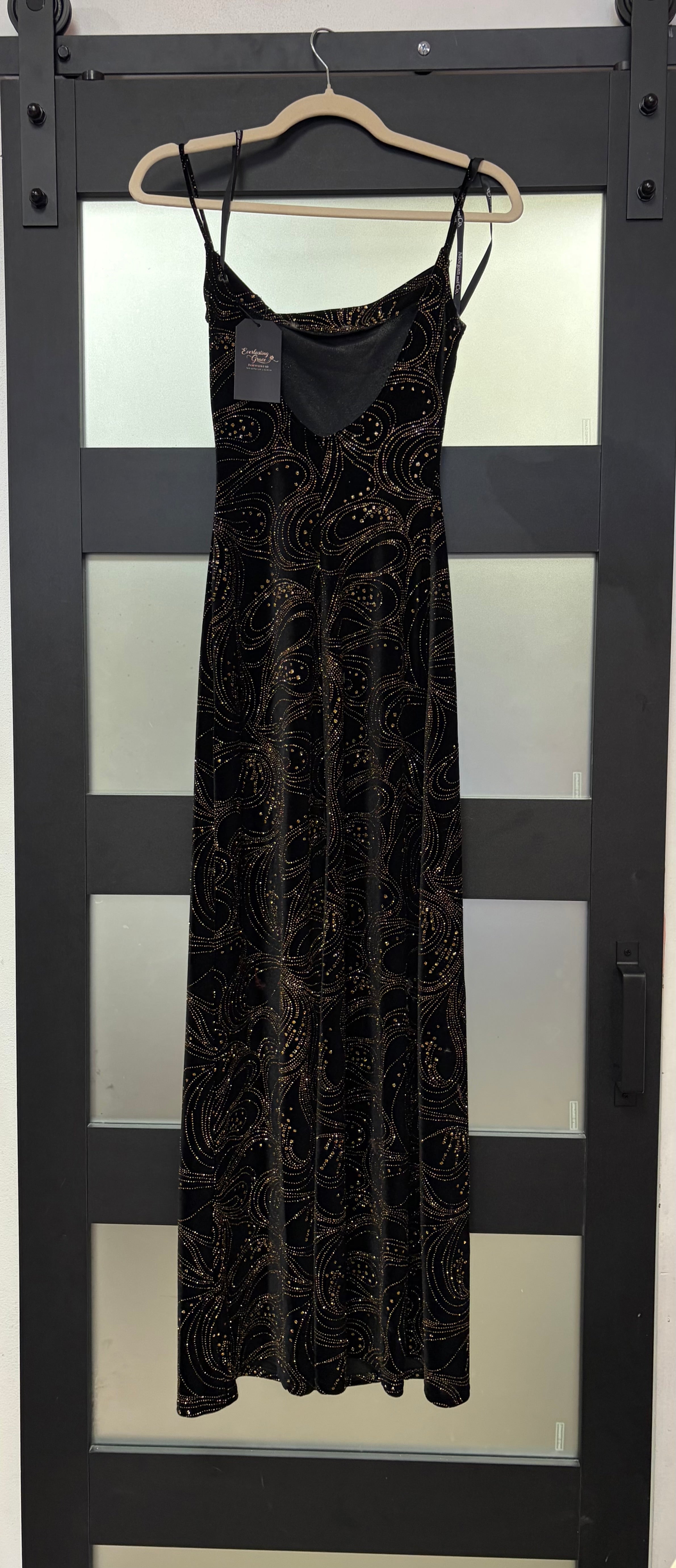 Morgan & Co. Black Velvet Rhinestone Swirl Evening Gown with Cowl Neck Detail