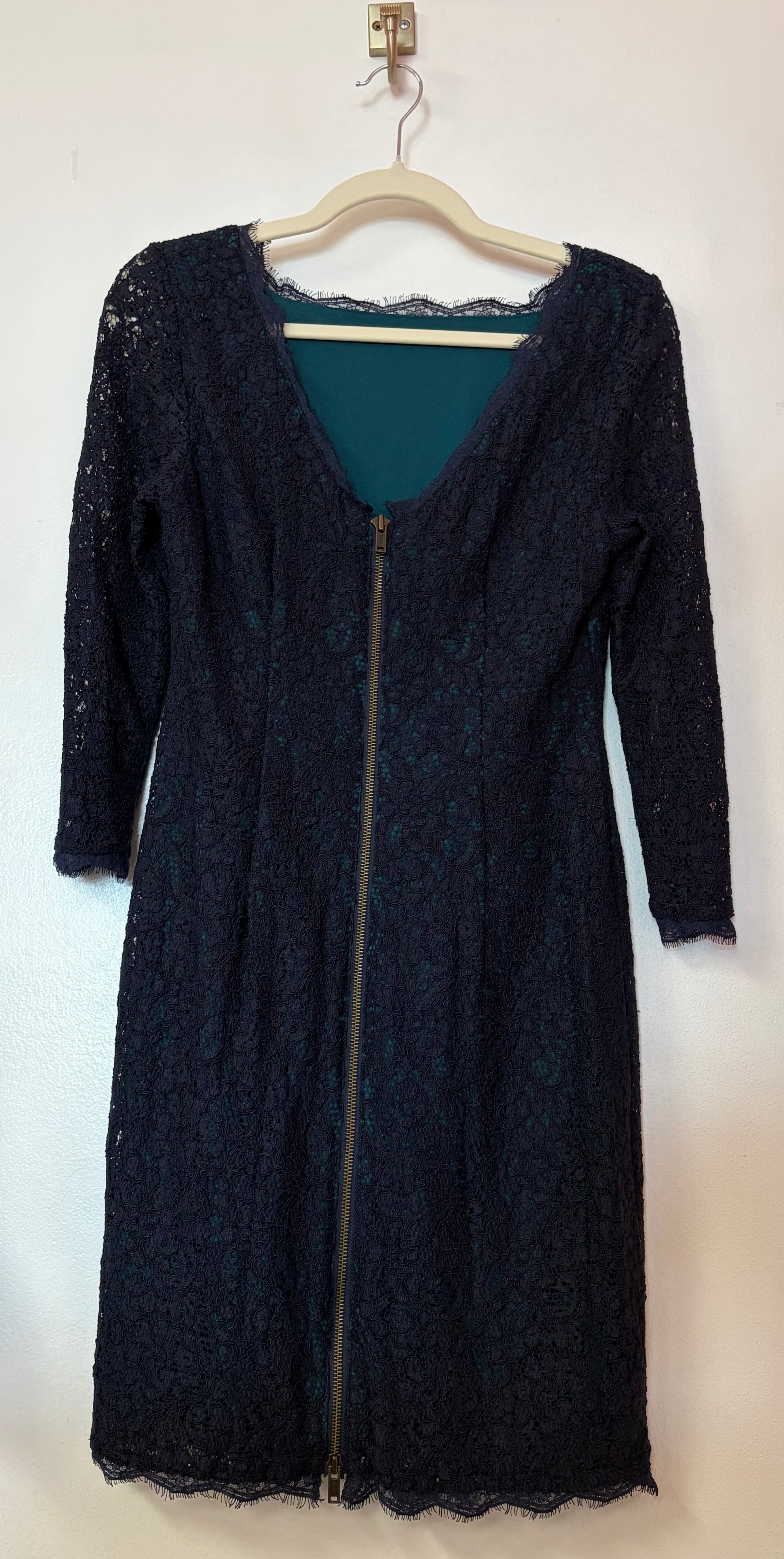 Adrianna Papell Navy Lace Sheath Dress with Square Neckline and Teal Underlay