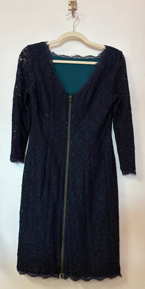 Adrianna Papell Navy Lace Sheath Dress with Square Neckline and Teal Underlay