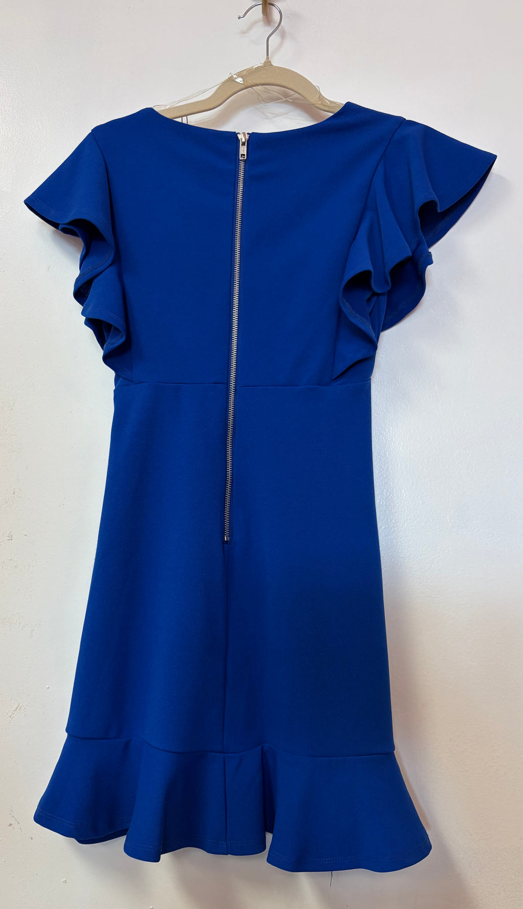 Midnight Doll Royal Blue Flutter Sleeve Wrap Mini Dress with Ruffle Hem