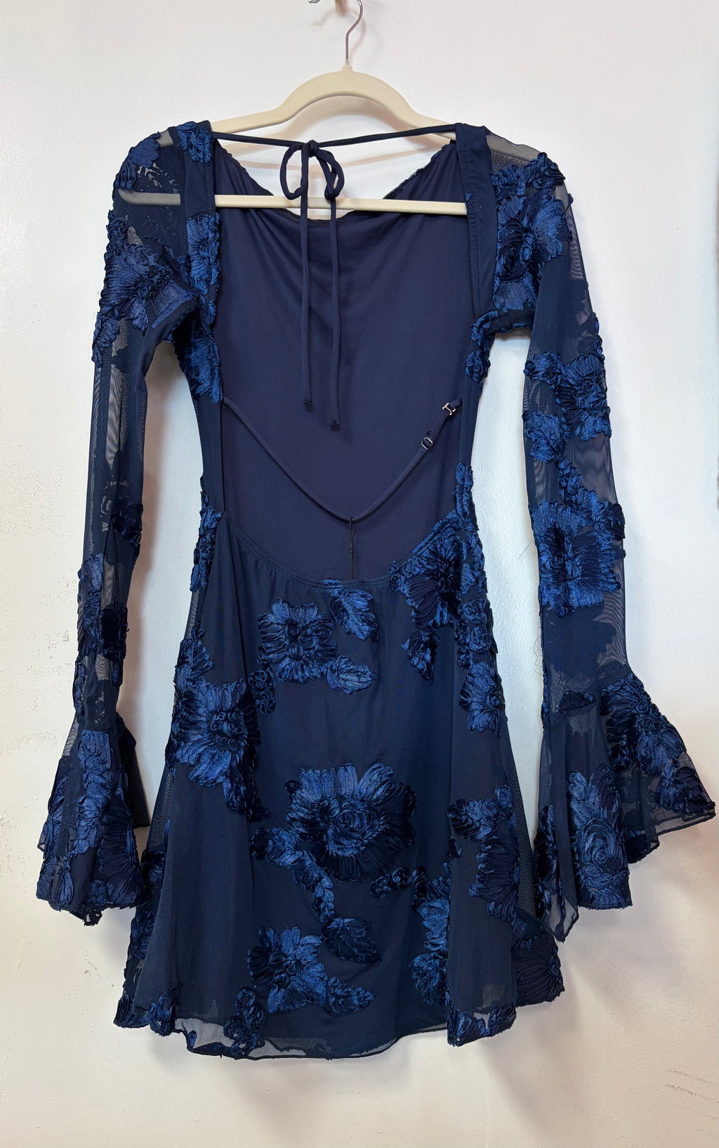 Hello Molly Navy Floral Appliqué Open Back Mini Dress with Bell Sleeves