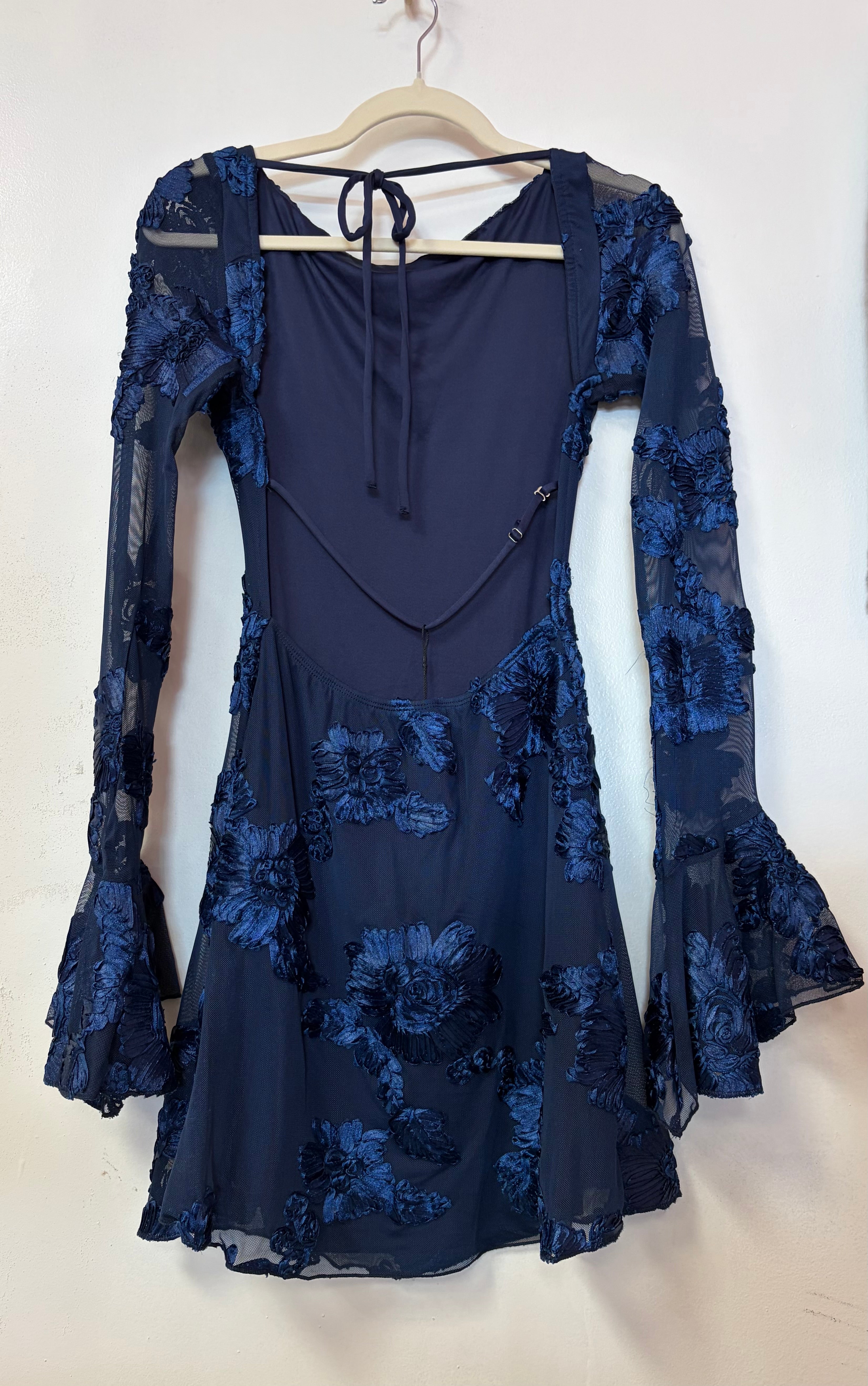 Hello Molly Navy Floral Appliqué Open Back Mini Dress with Bell Sleeves