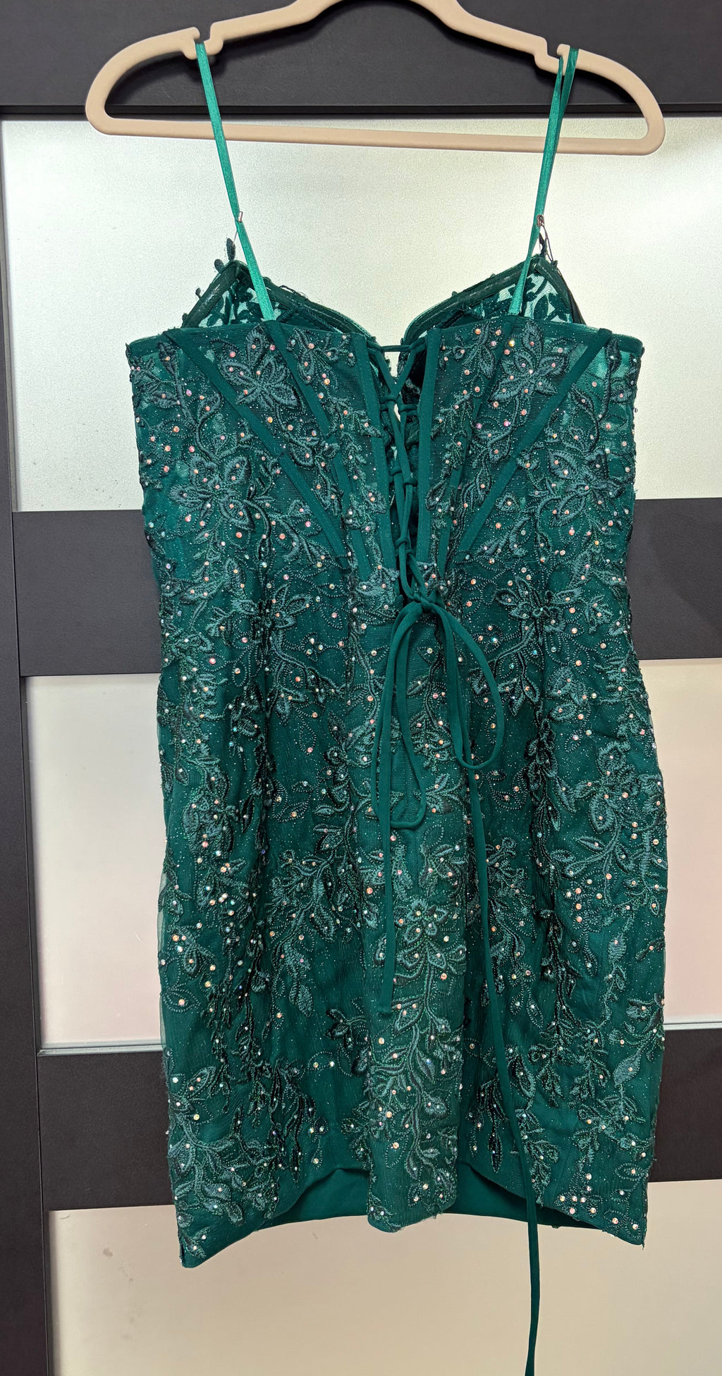 Nox Anabel D980 Emerald Beaded Corset Homecoming Dress with Lace-Up Back