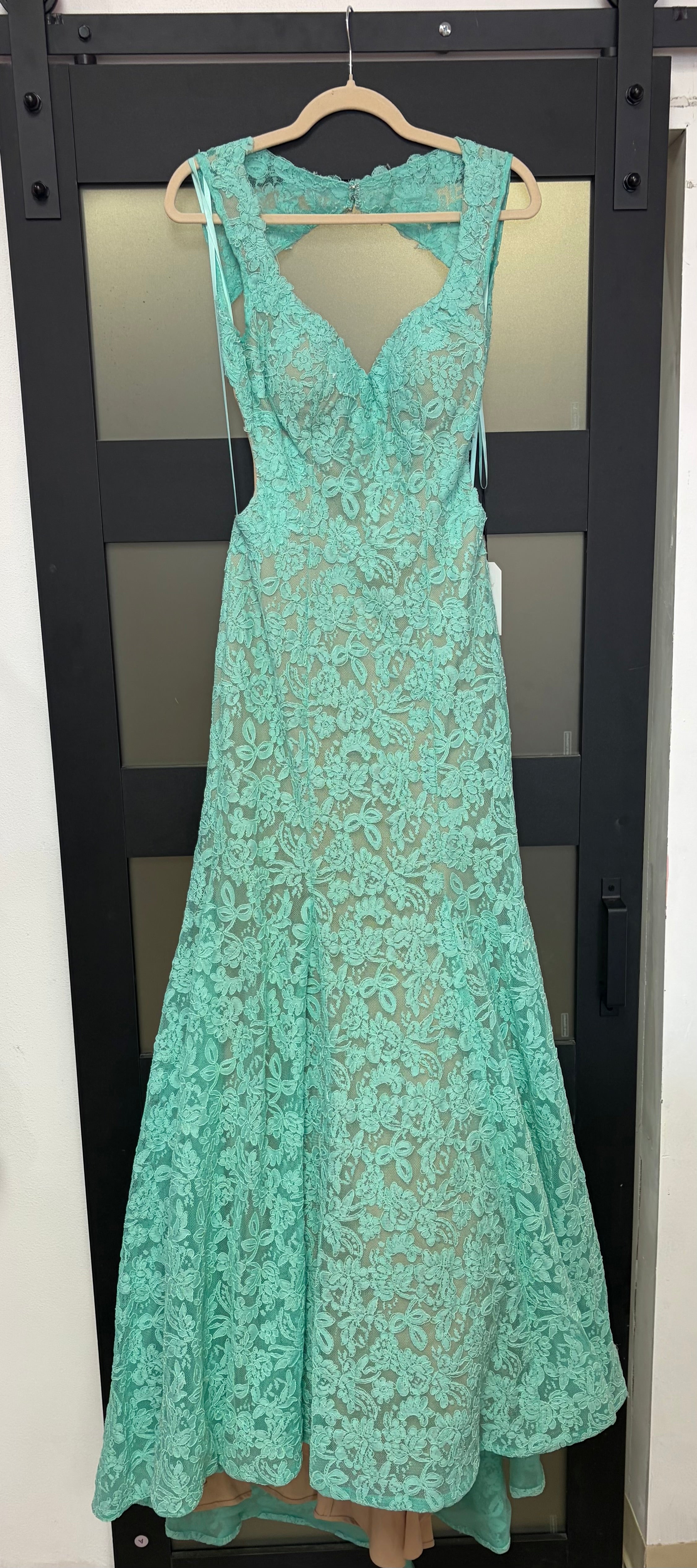 La Femme style 20117 light mint floral lace elegant gown