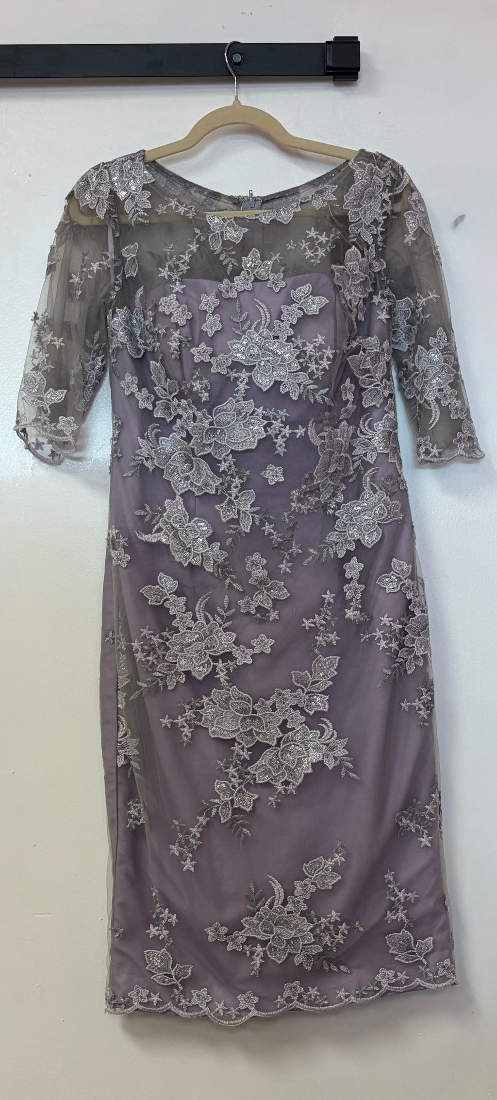La Femme 27895 Dusty Lavender Embroidered Lace Cocktail Dress with Illusion Sleeves