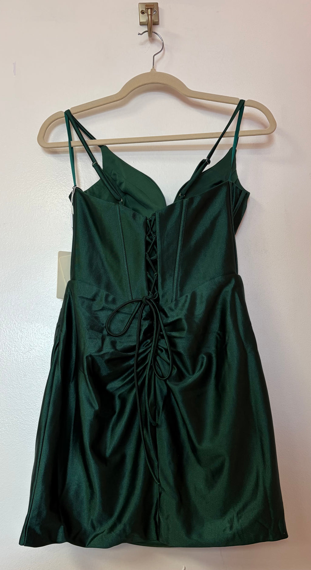 Stacees Emerald Green Satin Corset Homecoming Dress with Draped Skirt
