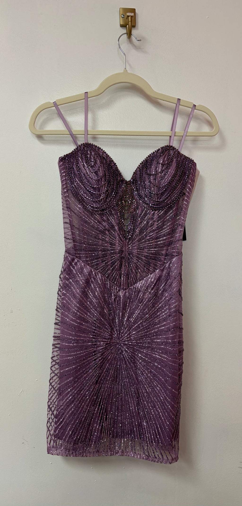 LaDivine J879 Lilac Beaded Homecoming Dress with Illusion Corset Bodice and Radiating Crystal Pattern