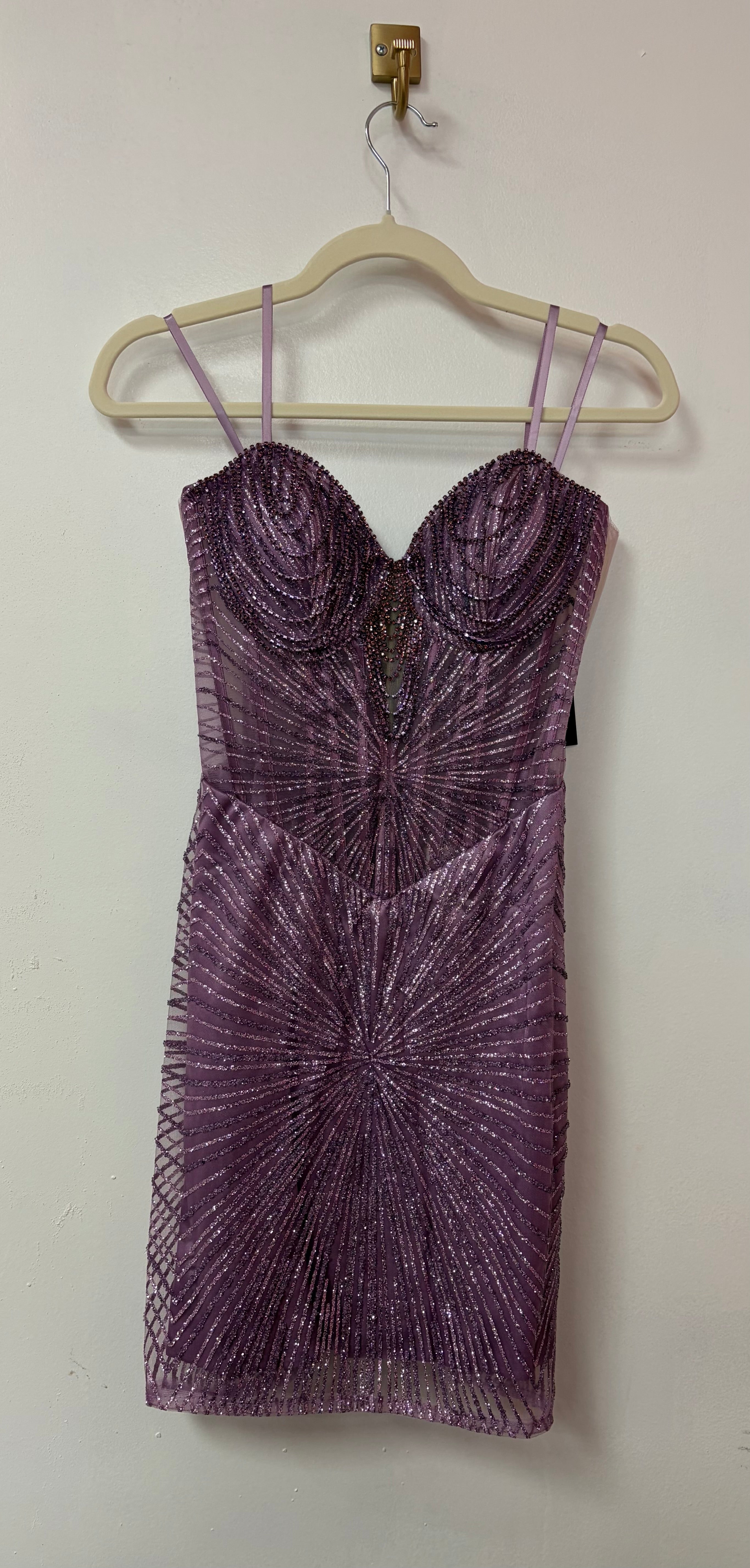 LaDivine J879 Lilac Beaded Homecoming Dress with Illusion Corset Bodice and Radiating Crystal Pattern