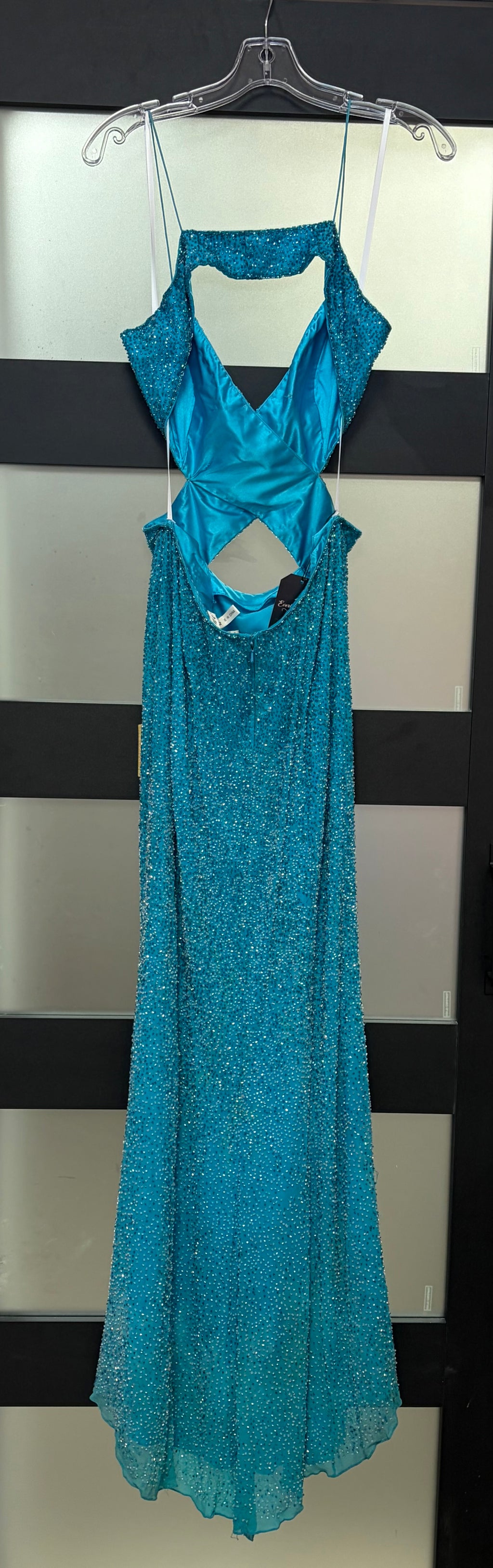 Jovani Turquoise Crystal Embellished Cutout Evening Gown