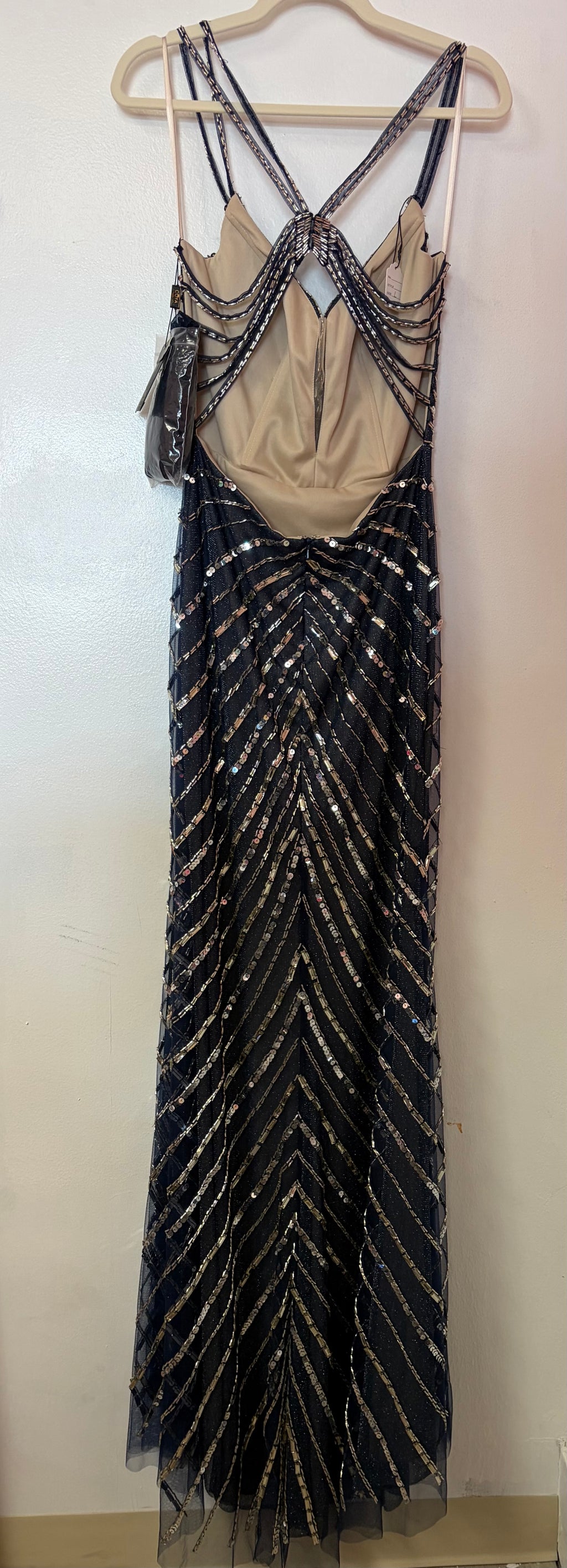 Coya Collection Black and Gold Sequin Evening Gown with Geometric Beading and Open Back
