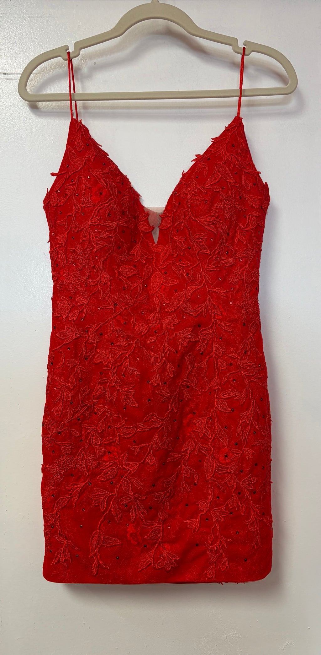 Kiss Prom Red Floral Lace Embroidered Cocktail Dress with Illusion Back