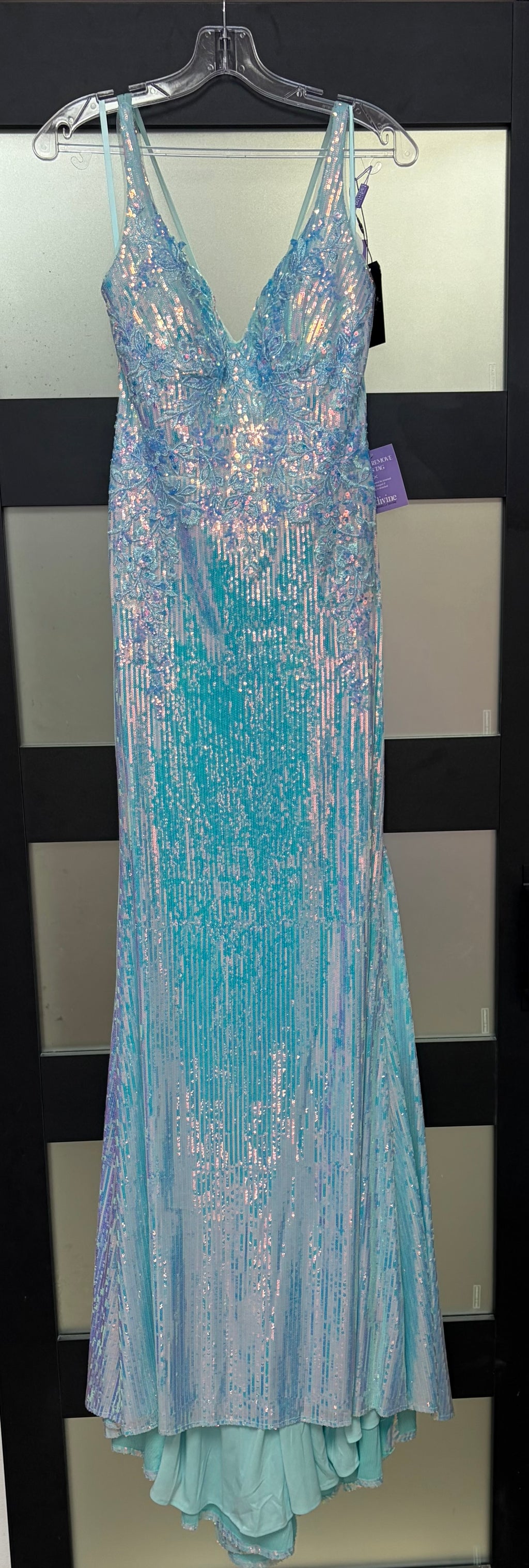 LaDivine CDS491 Iridescent Aqua Sequin Formal Gown with Lace-Up Back