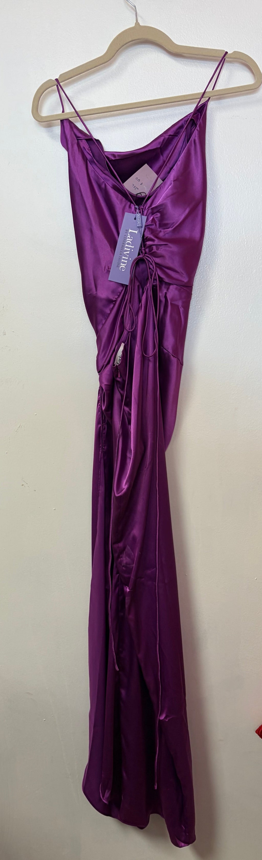 LaDivine Satin Orchid Purple Cowl Neck Formal Gown with Side Ruching