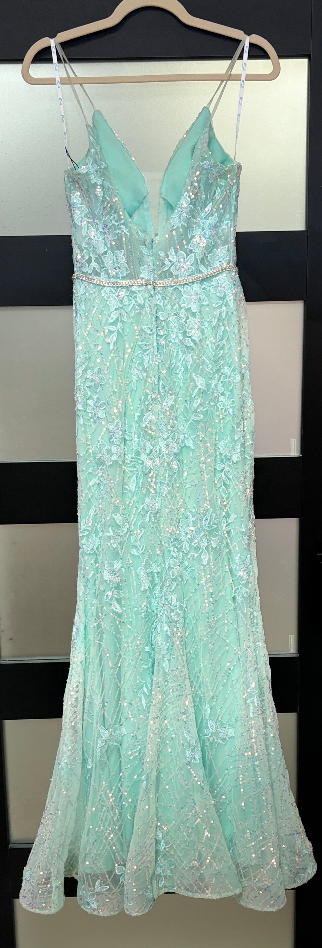 Camille La Vie Mint Floral Beaded Mermaid Prom Dress with Illusion Plunge