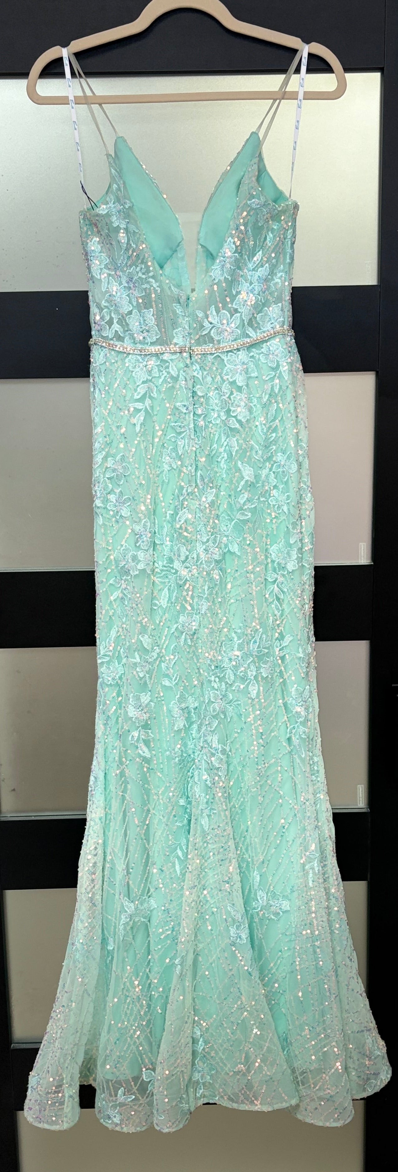 Camille La Vie Mint Floral Beaded Mermaid Prom Dress with Illusion Plunge
