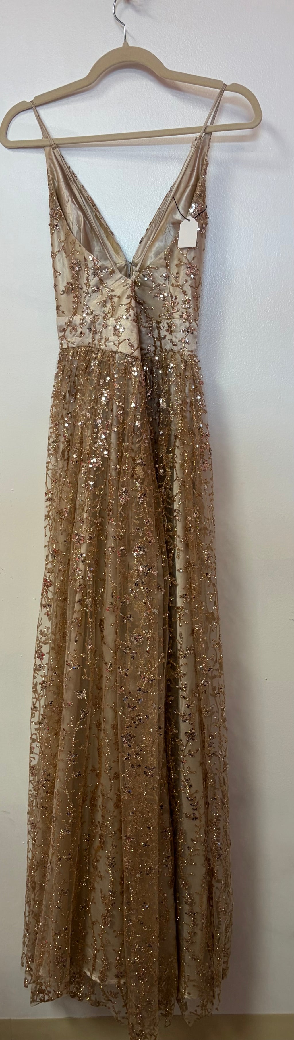 Windsor Champagne Gold Glitter Mesh Gown with Plunging Neckline and Sequin Embroidered Overlay