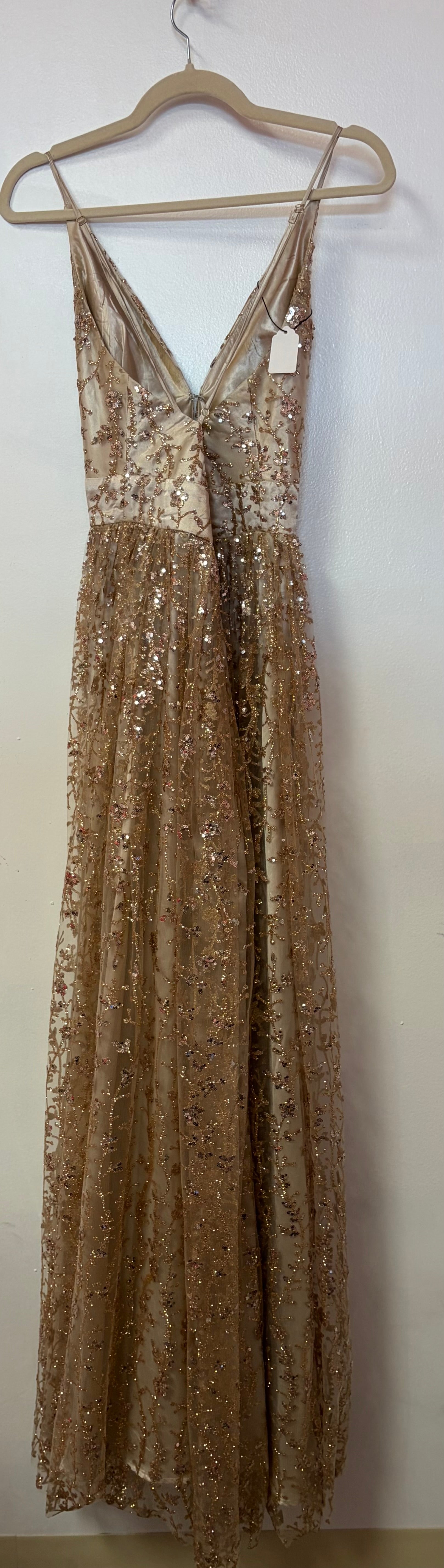 Windsor Champagne Gold Glitter Mesh Gown with Plunging Neckline and Sequin Embroidered Overlay