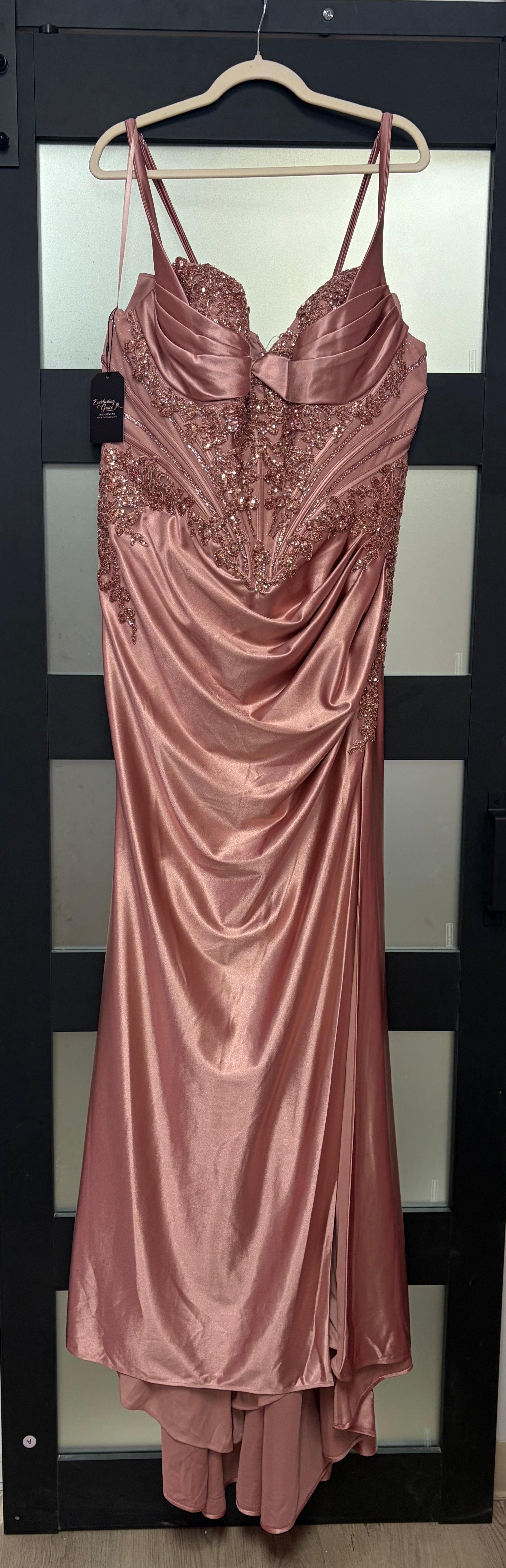LaDivine KV1132C Rose Gold Metallic Satin Gown with Embellished Bodice