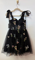 Black Floral Mesh Tie Shoulder Party Dress
