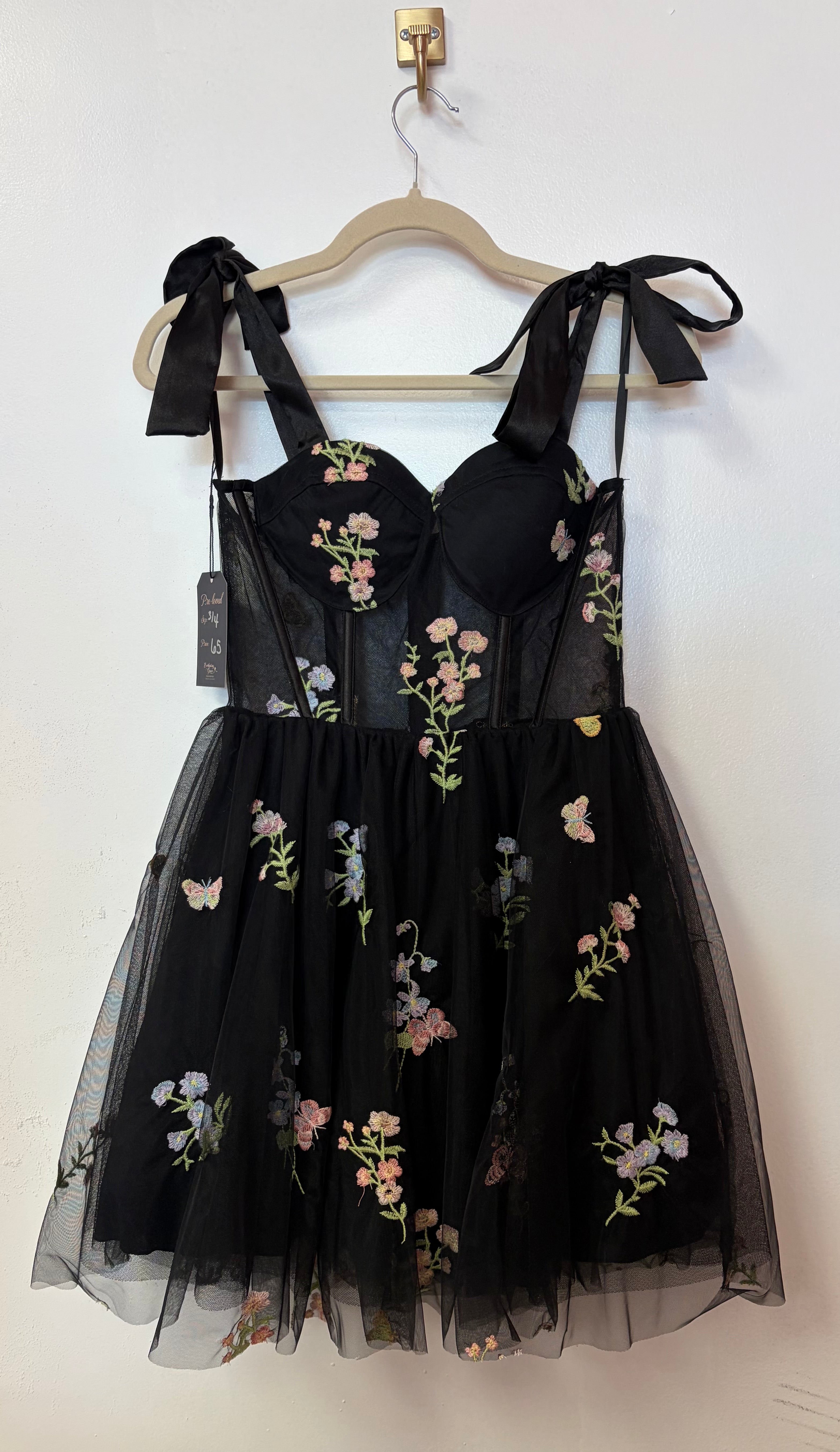 Black Floral Mesh Tie Shoulder Party Dress
