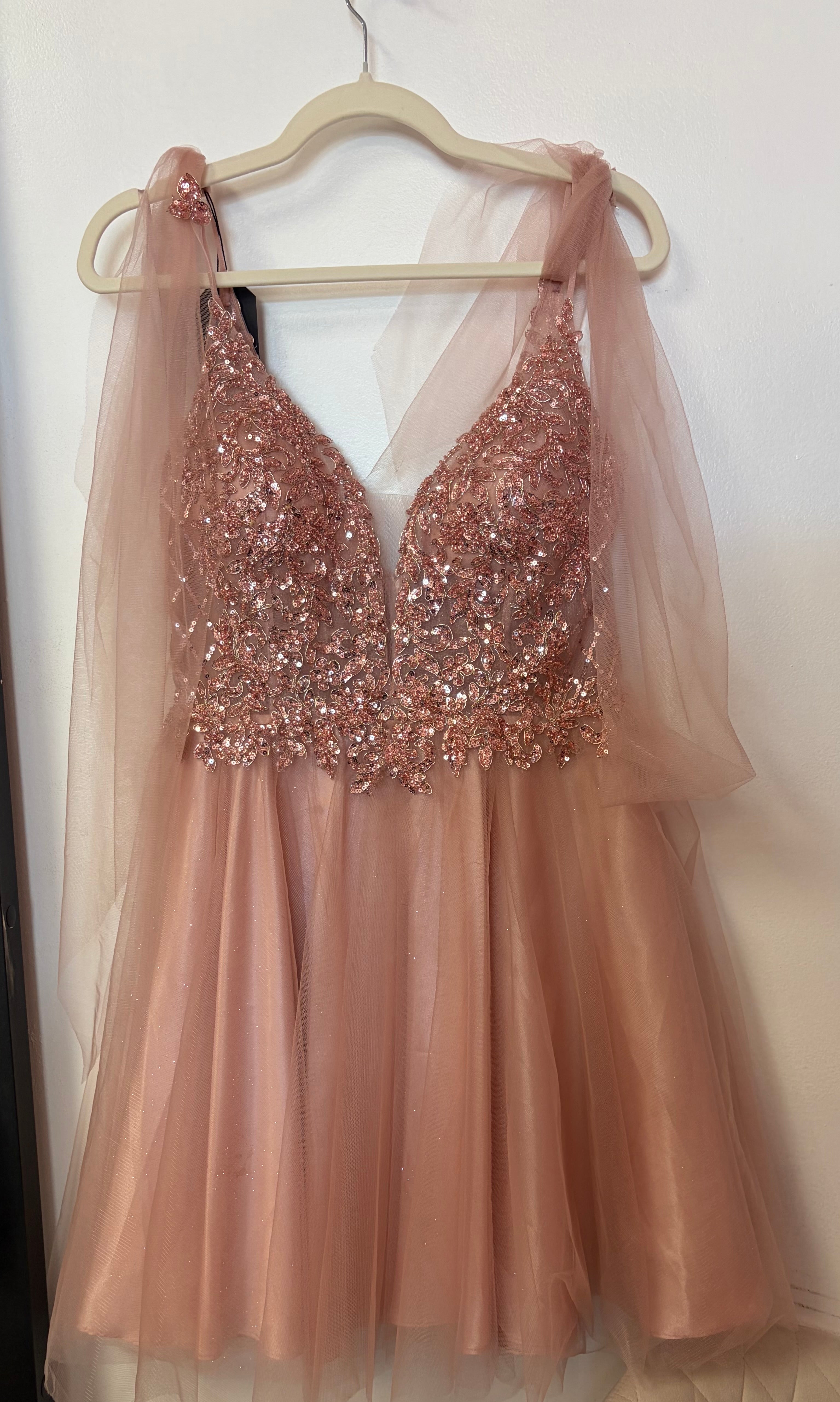 Cinderella Divine CD0189 Rose Gold Glitter Tulle Cocktail Dress with Embellished Bodice & Shoulder Ties