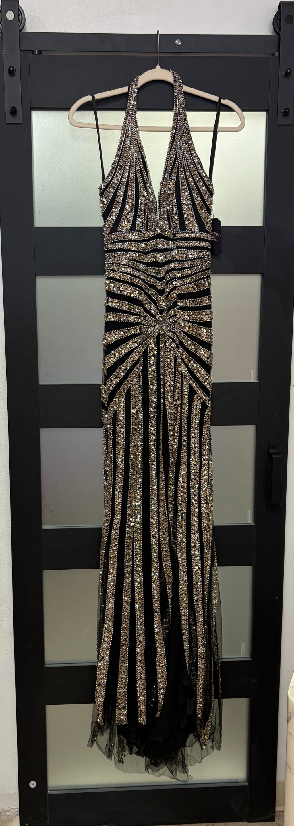 Colors Dress Style 3937 Black & Gold Beaded Halter Formal Gown