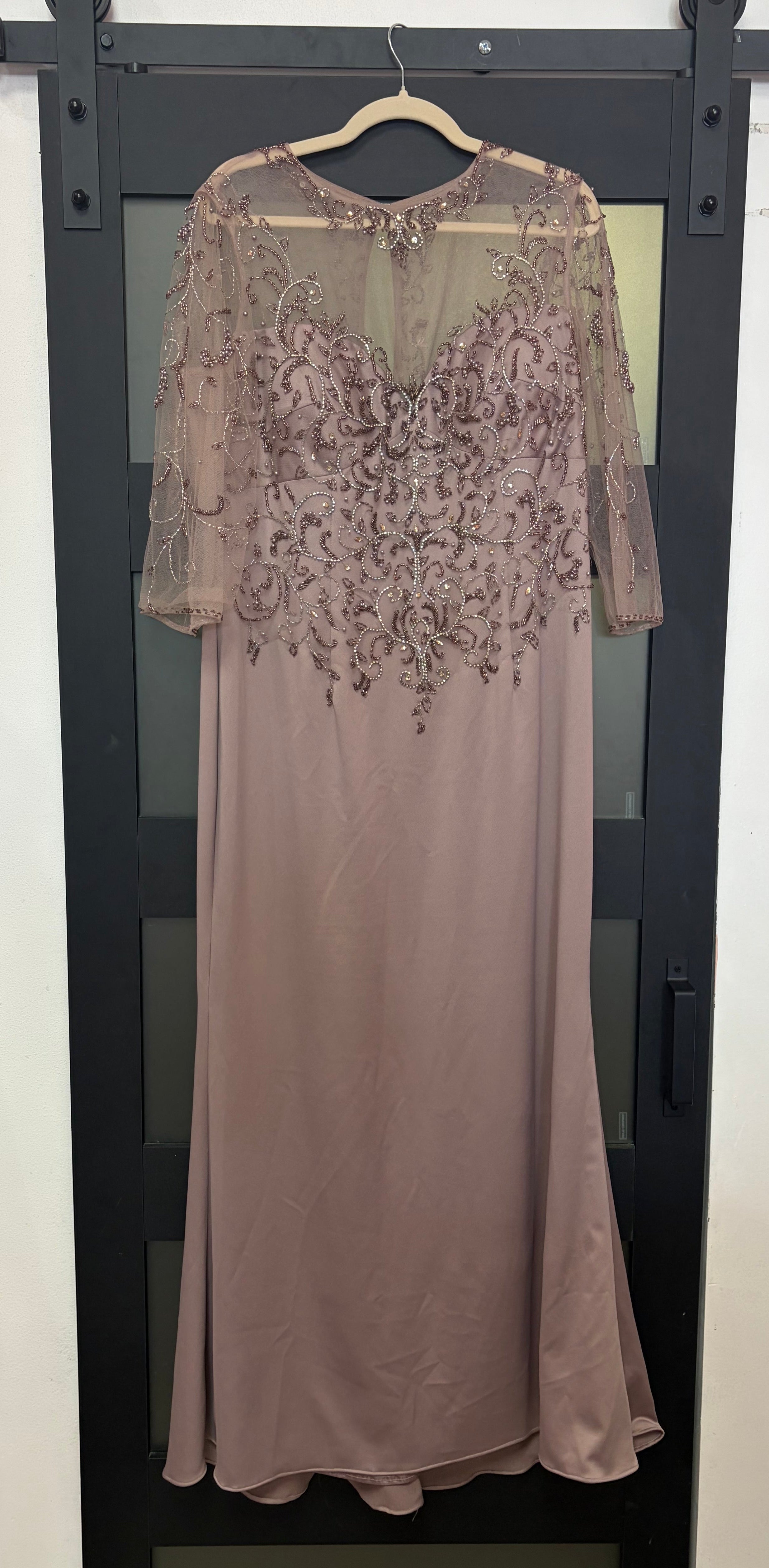 Mon Cheri #115973 Taupe Beaded Illusion Sleeve Formal Gown