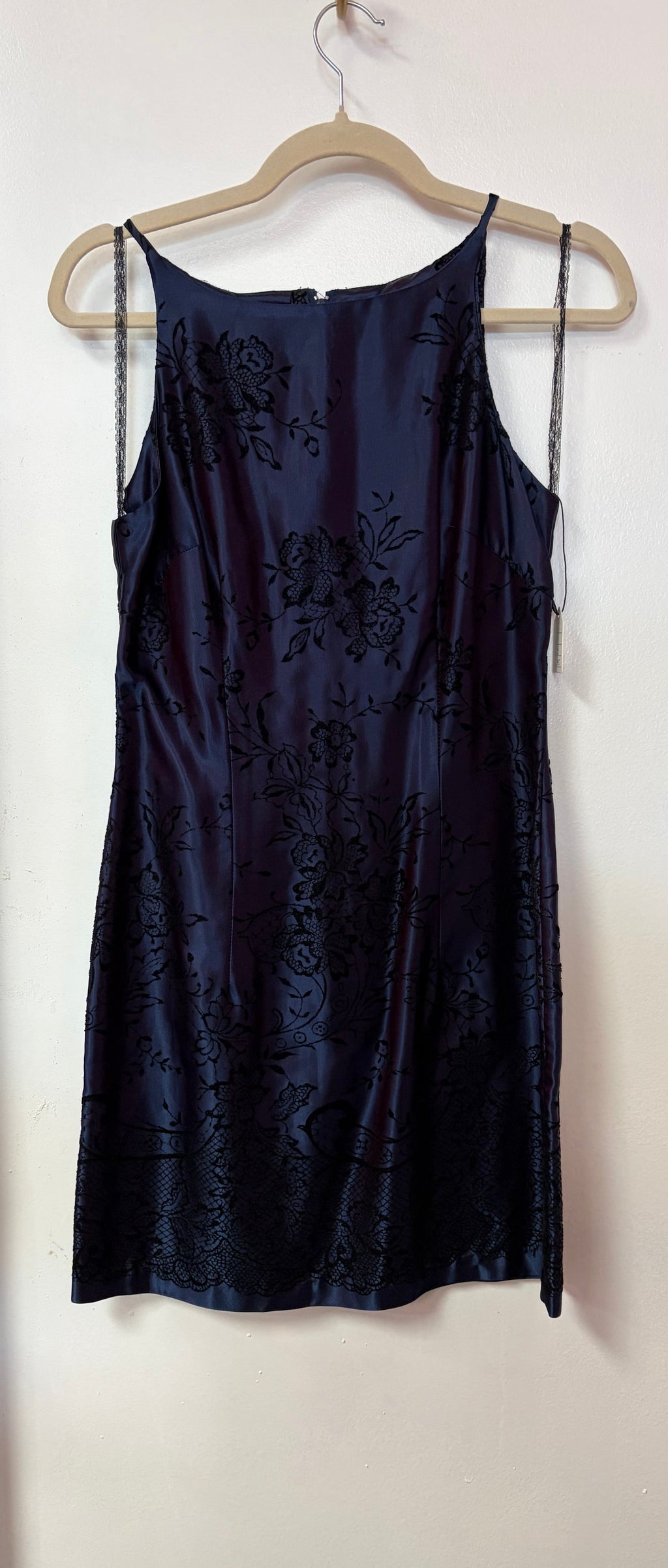 Navy Satin Floral Velvet Burnout Cocktail Dress