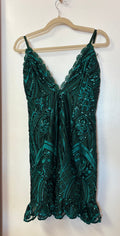 PrettyLittleThing Emerald Beaded Cocktail Dress – Sequin Lace V-Neck Formal Mini Dress