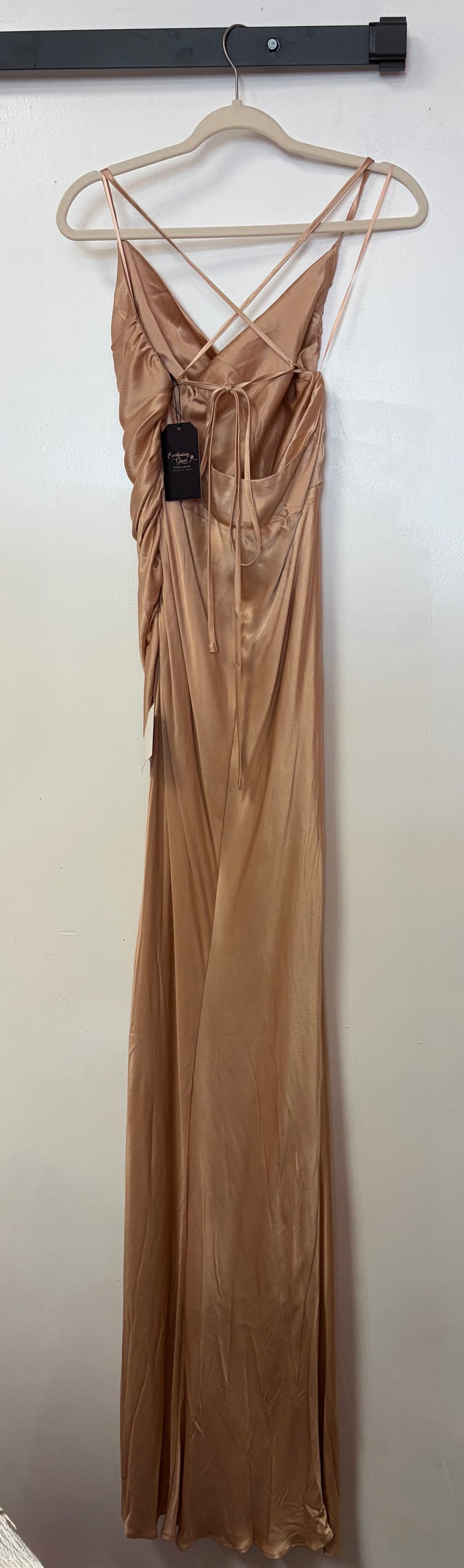 LaDivine Champagne Satin Cowl Neck Gown with Ruched Bodice and Open Strappy Back