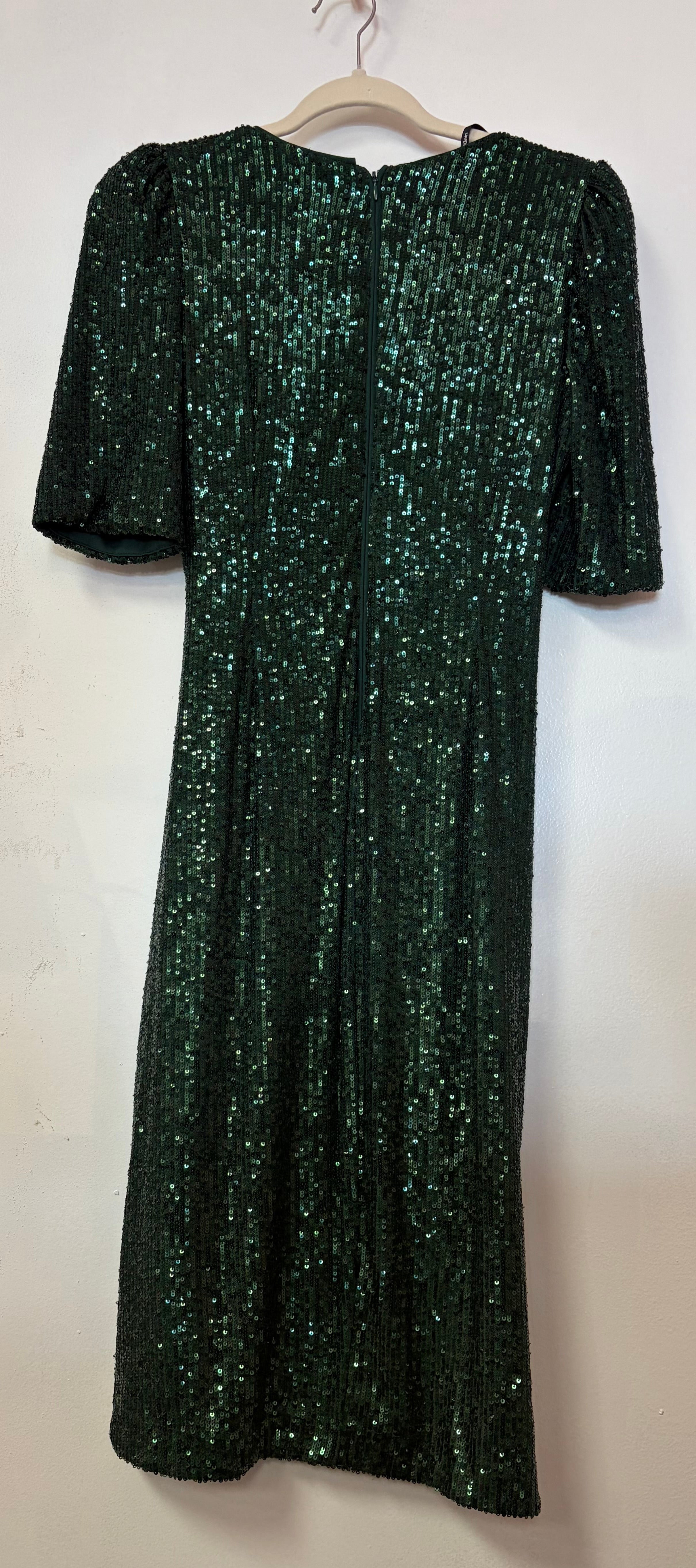 Calvin Klein Emerald Green Sequin Wrap Cocktail Dress with Puff Sleeves and Asymmetrical Hem