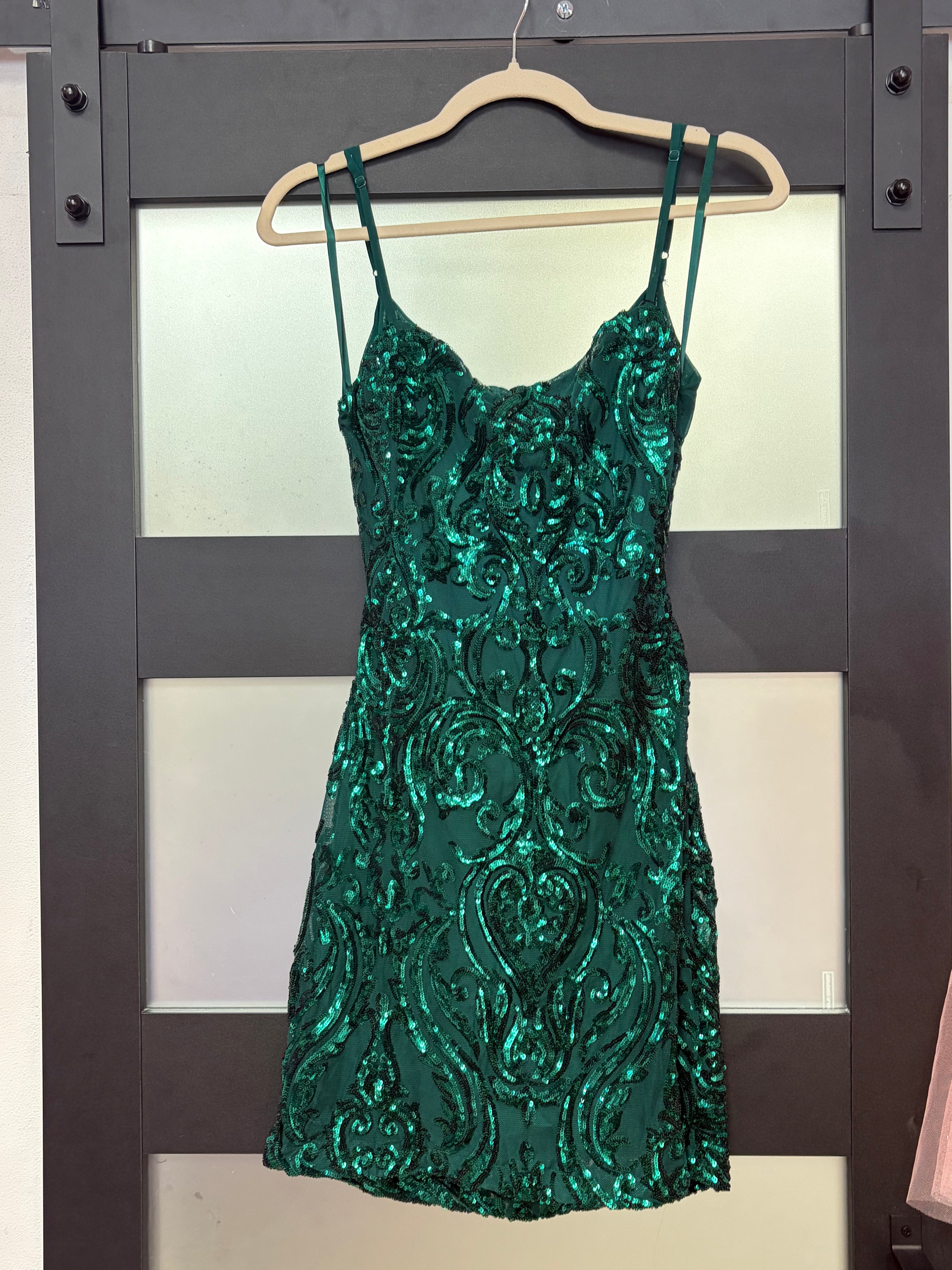 B Darlin Emerald Green Sequin Homecoming Dress with Open Back Bow Detail