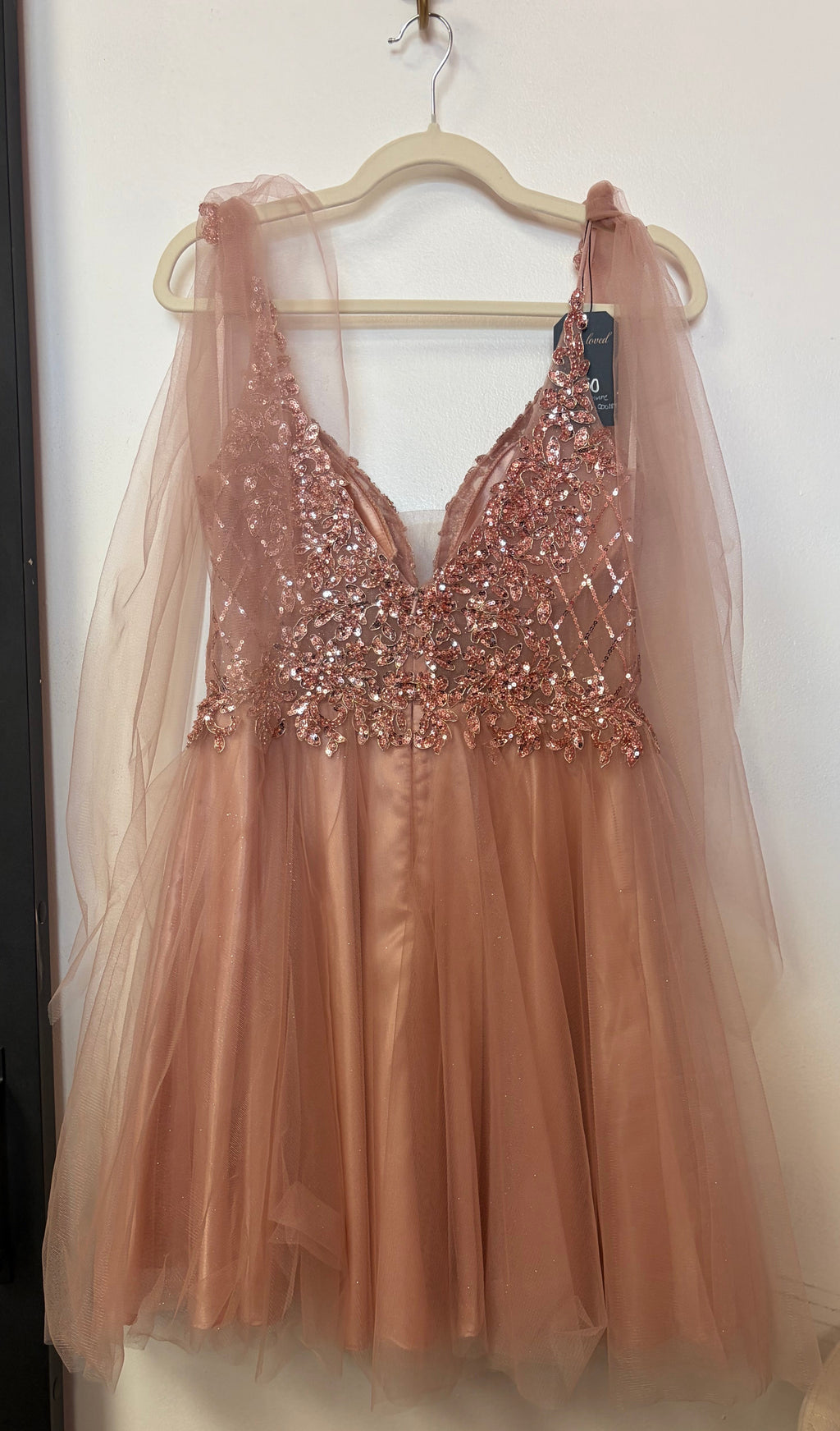 Cinderella Divine CD0189 Rose Gold Glitter Tulle Cocktail Dress with Embellished Bodice & Shoulder Ties