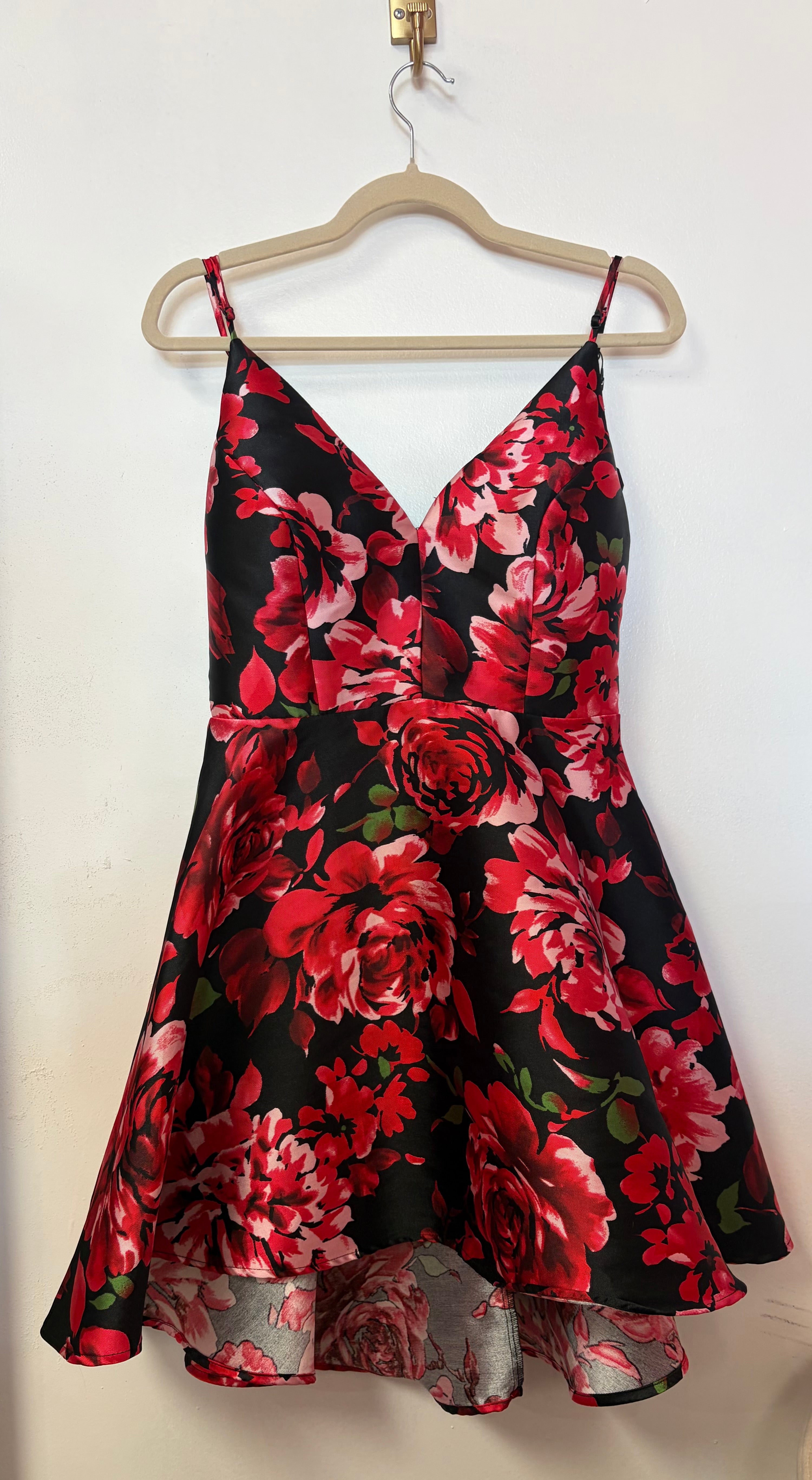 B Smart Black Red Floral Satin Fit & Flare Homecoming Dress Rose Print Party Dress