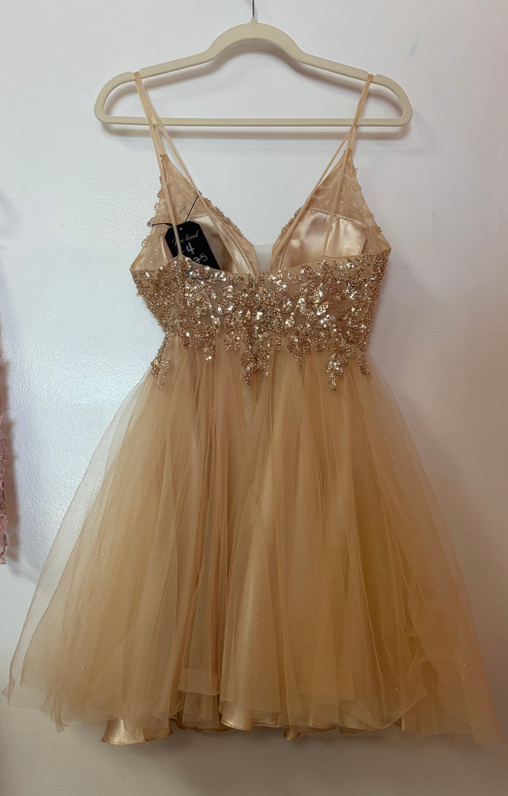 May Queen MQ1888 Champagne Beaded Glitter Tulle Homecoming Dress