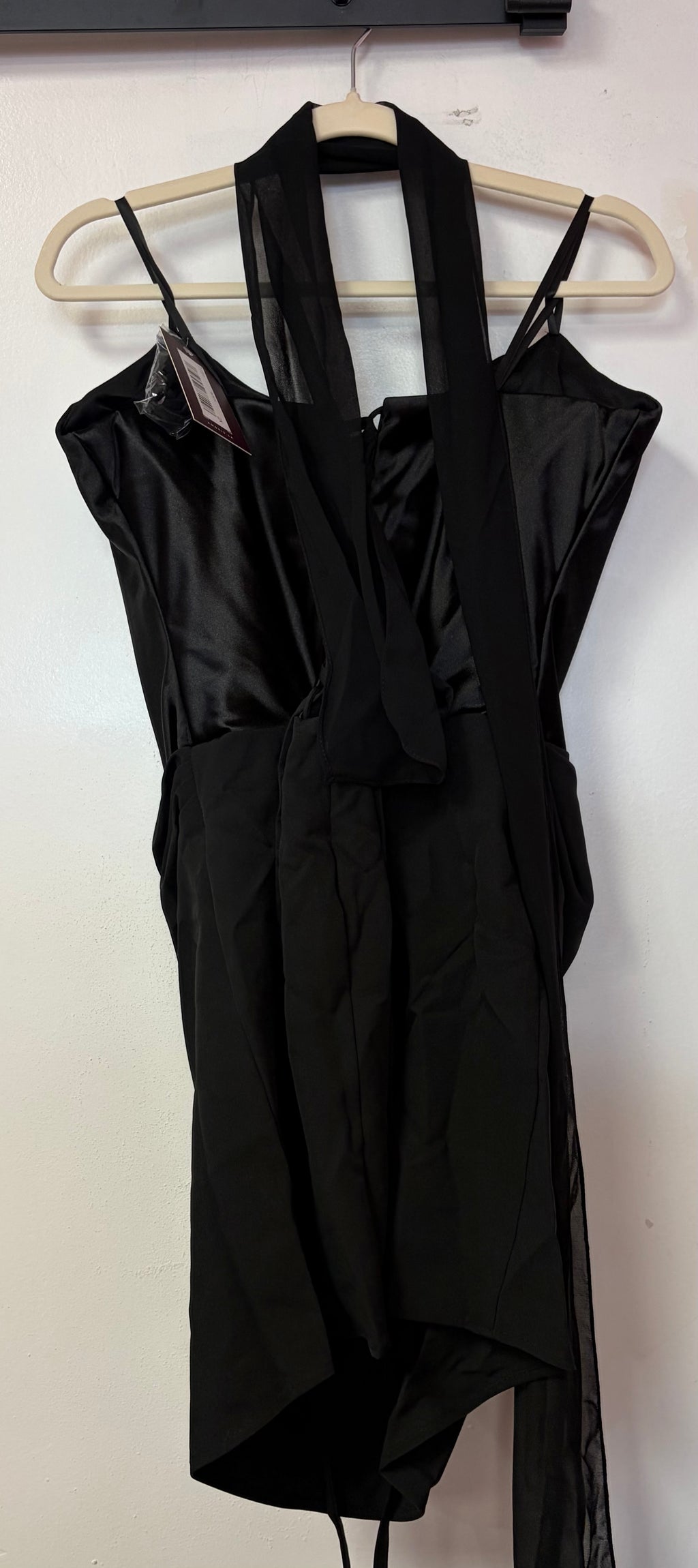 Ladivine by Cinderella Divine - STRAPLESS SATIN MINI DRESS WITH COWL NECKLINE AND SCARF