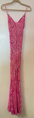 Hot Pink Geometric Sequin Mermaid Gown with Plunging V-Neckline