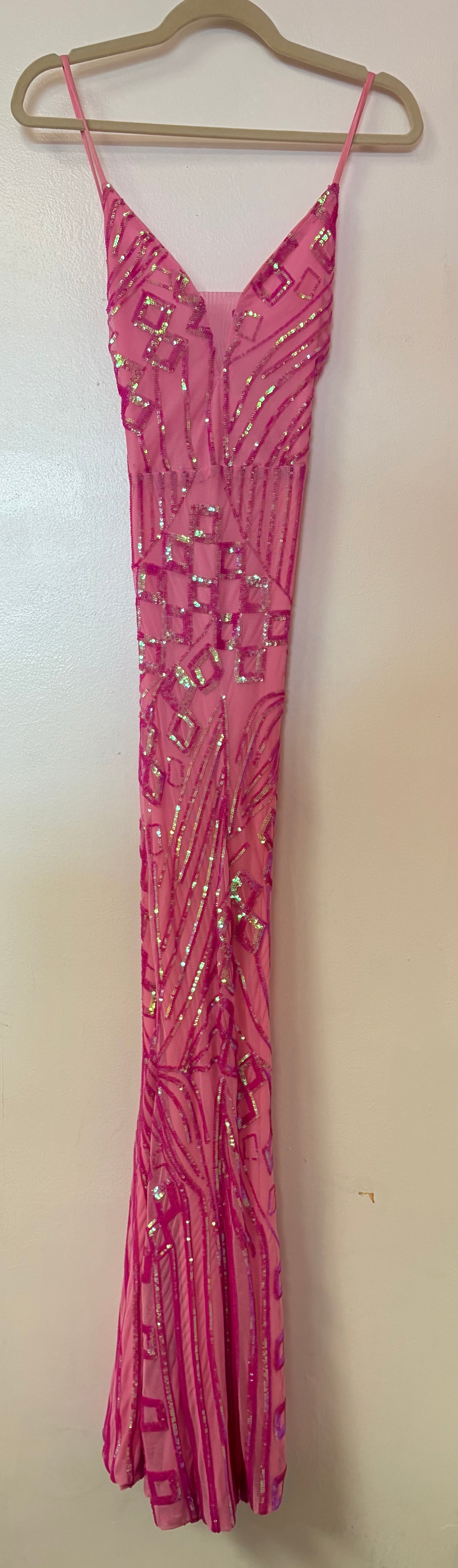Hot Pink Geometric Sequin Mermaid Gown with Plunging V-Neckline