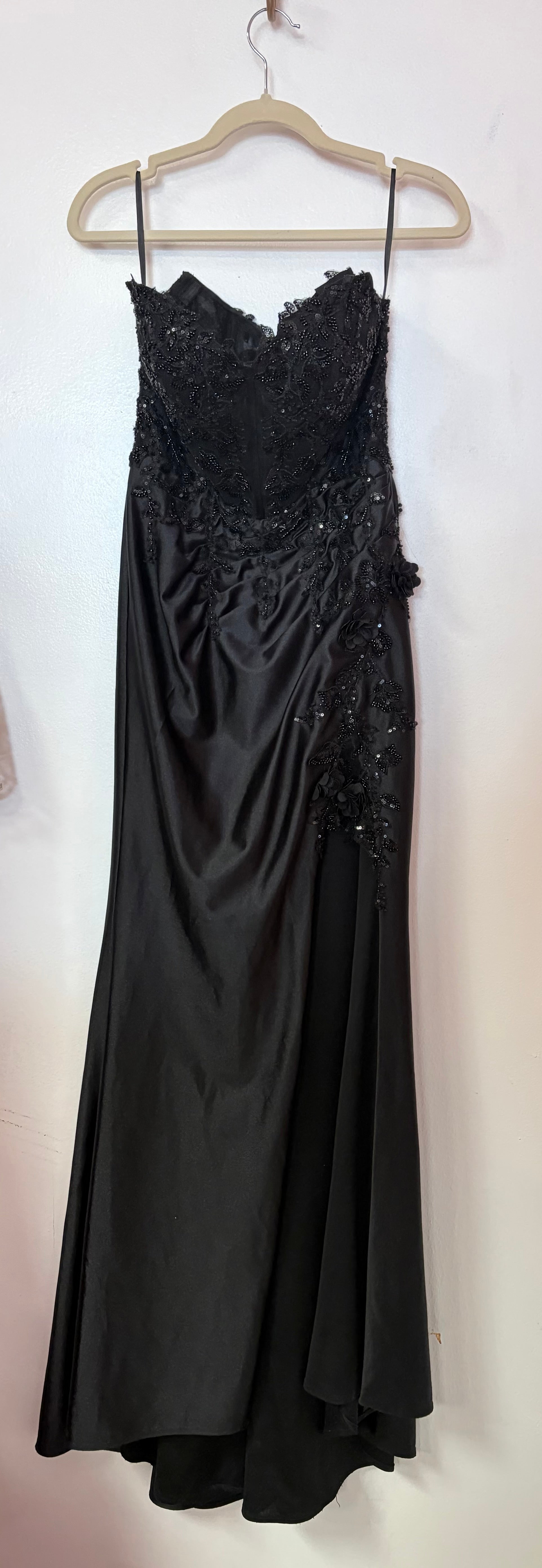 Stacees Black Satin Appliqué A-Line Formal Gown
