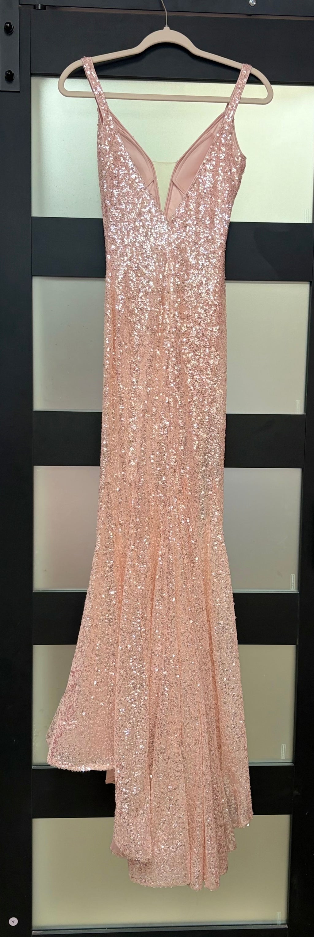 Jovani 66383 Rose Gold Sequin Mermaid Gown with Plunging Neckline