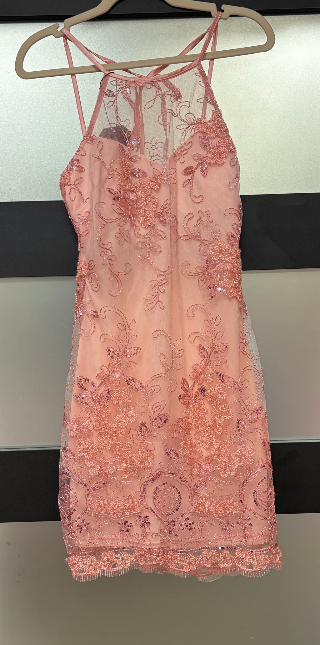 Teeze Me Blush Embroidered Sequin Halter Homecoming Dress with Illusion Neckline